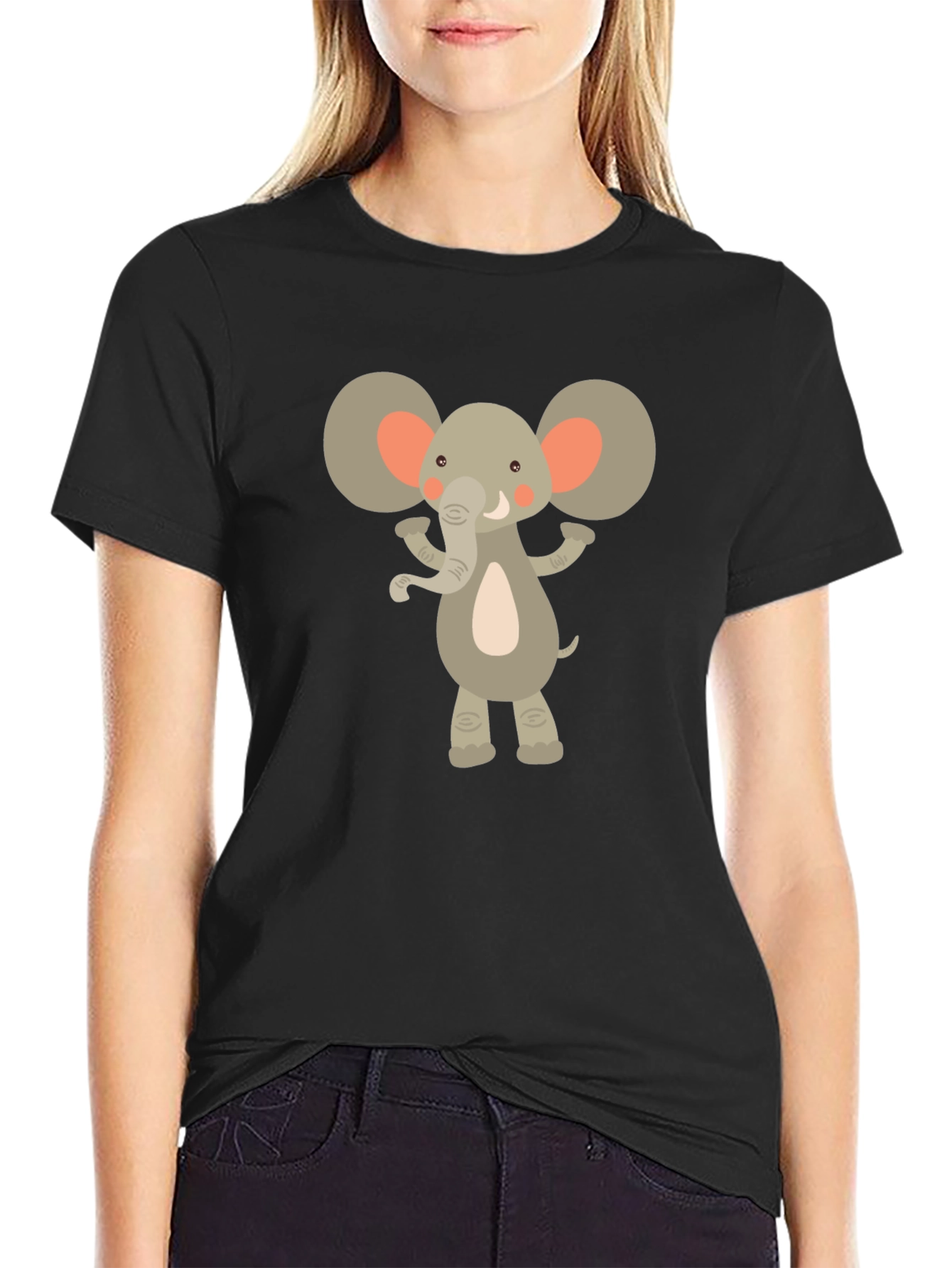 Cartoon Elephant Graphic Tee - Black Crew Neck T-Shirt