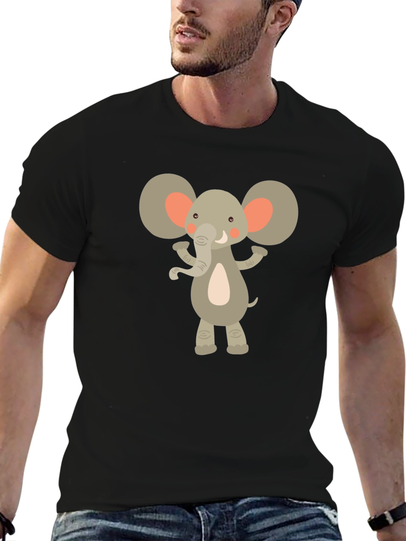 Cartoon Elephant Graphic Tee - Black Crew Neck T-Shirt