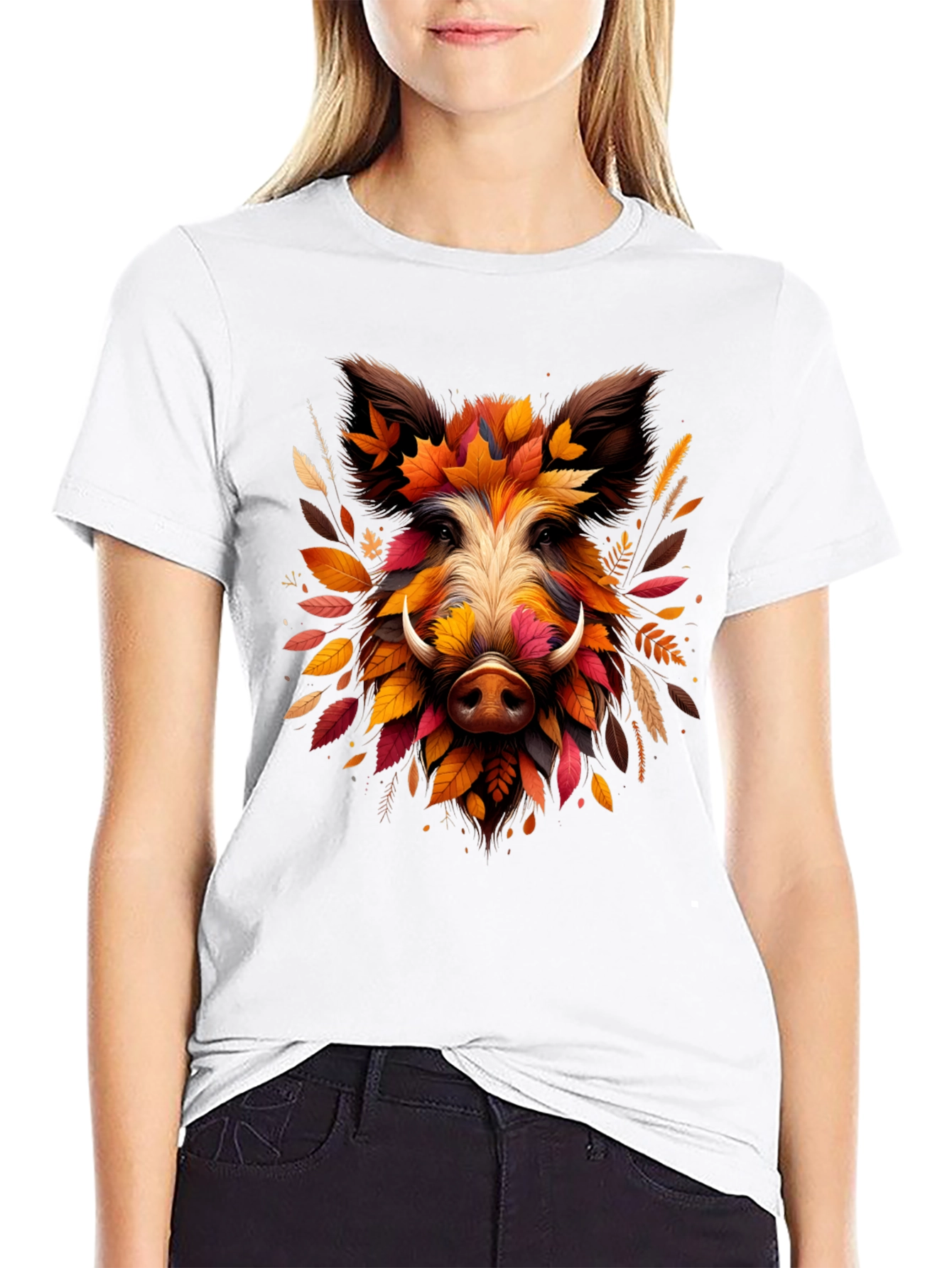 Boar Leaf Design Tee - Autumn Animal Shirt