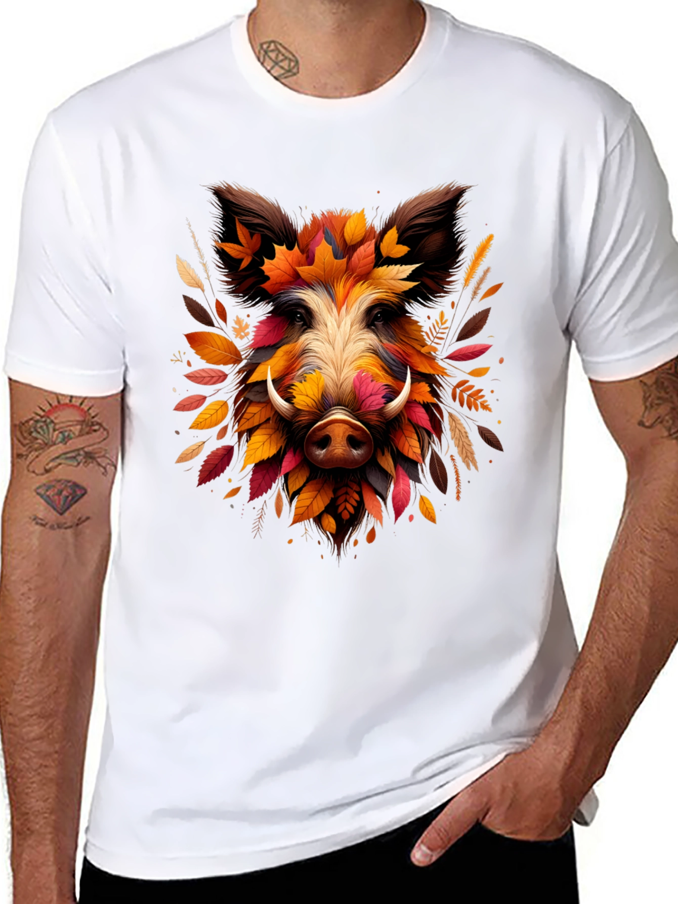 Boar Leaf Design Tee - Autumn Animal Shirt