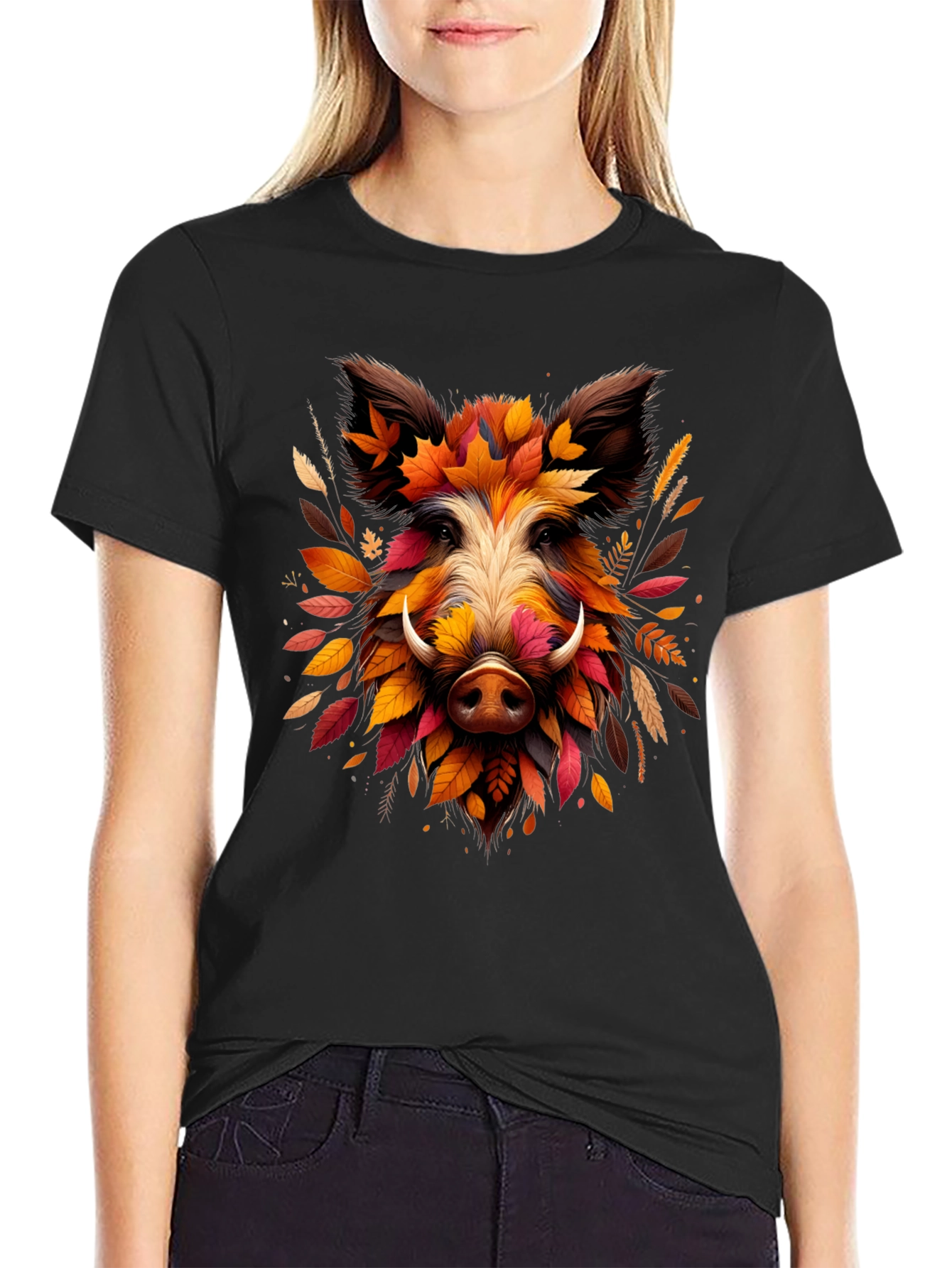 Boar Leaf Design Tee - Autumn Animal Shirt