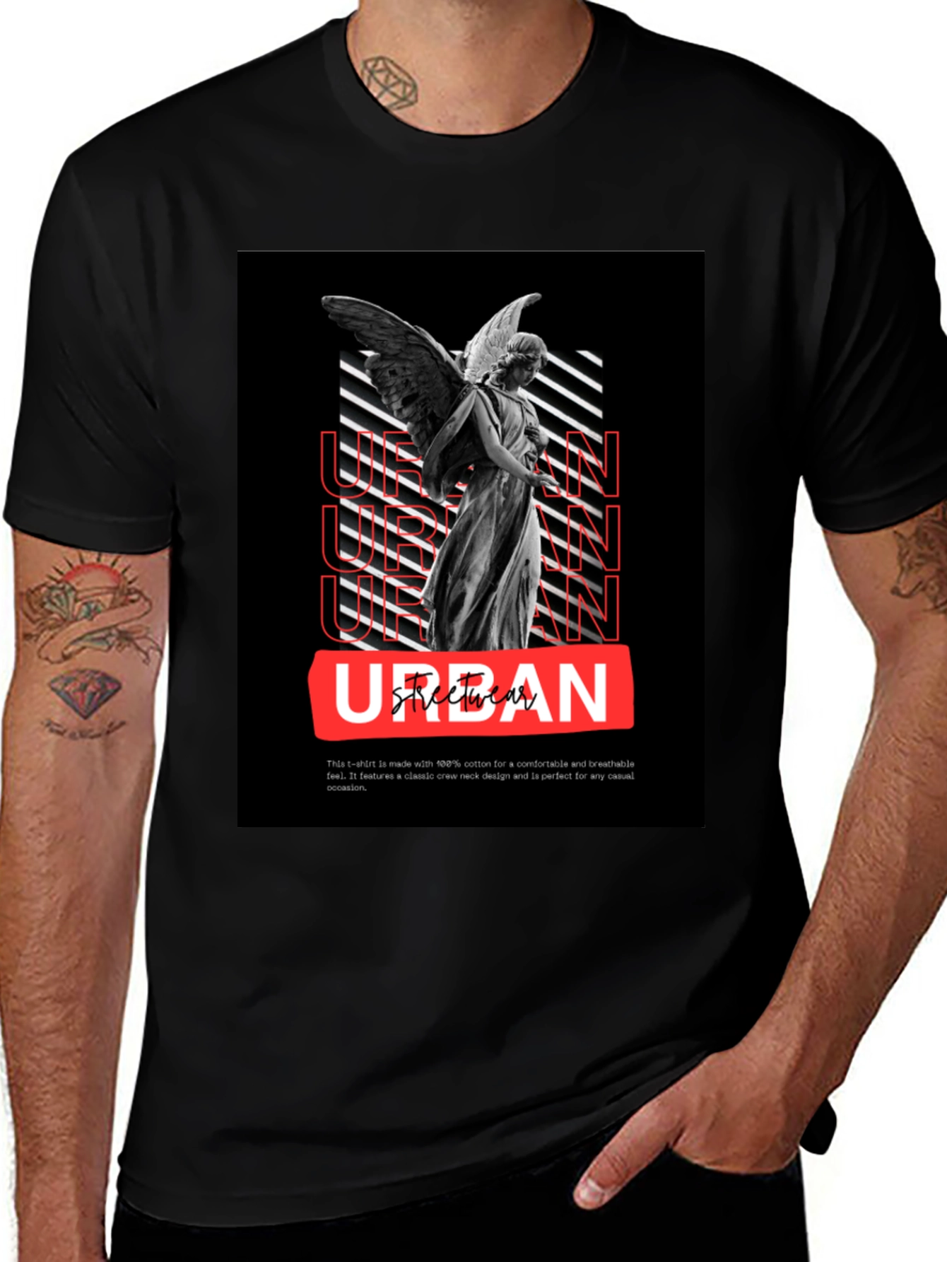 Urban Angel Graphic Tee - Black Cotton Casual T-Shirt