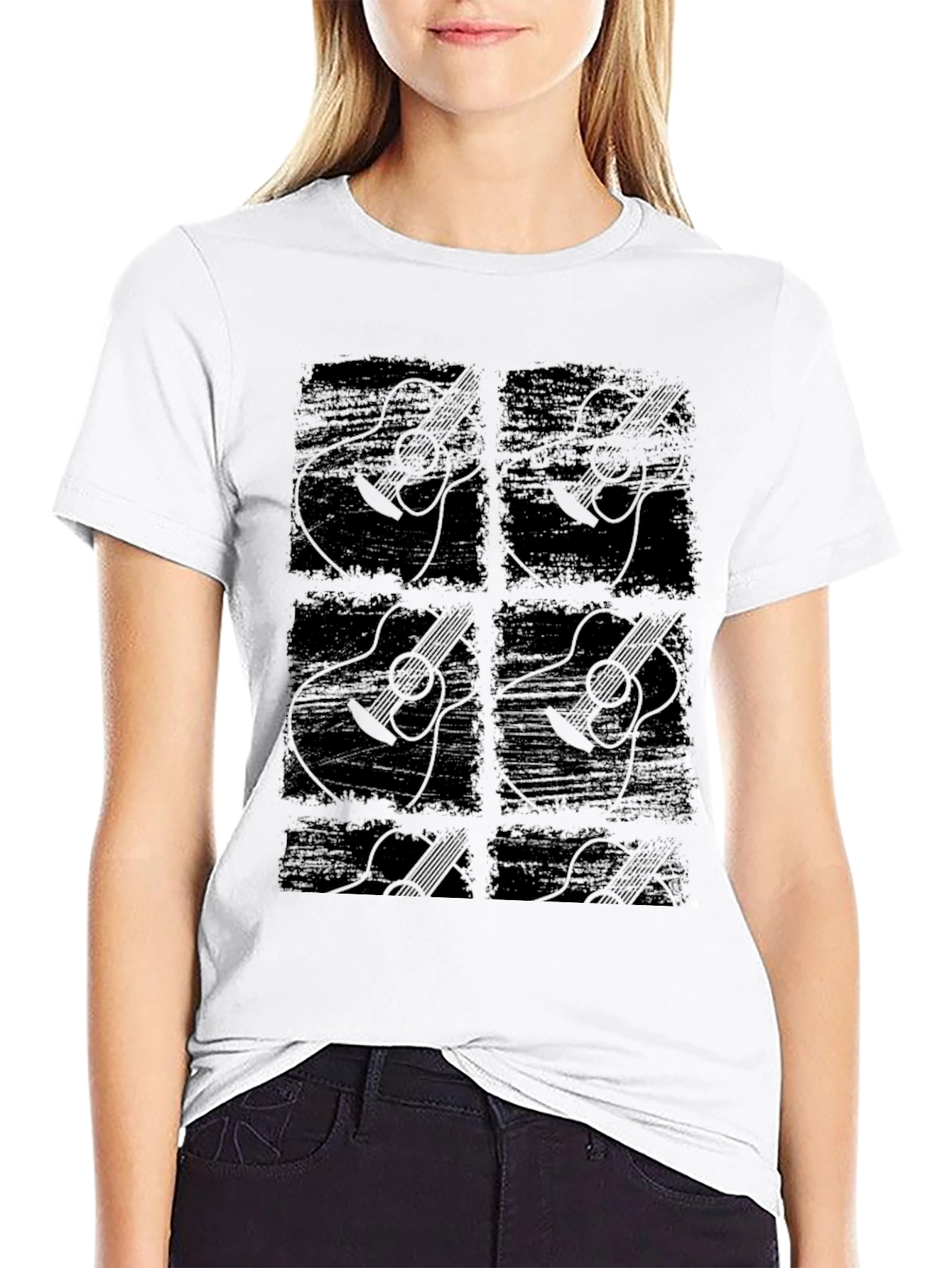Guitar Graphic Print Black Crew Neck T-Shirt