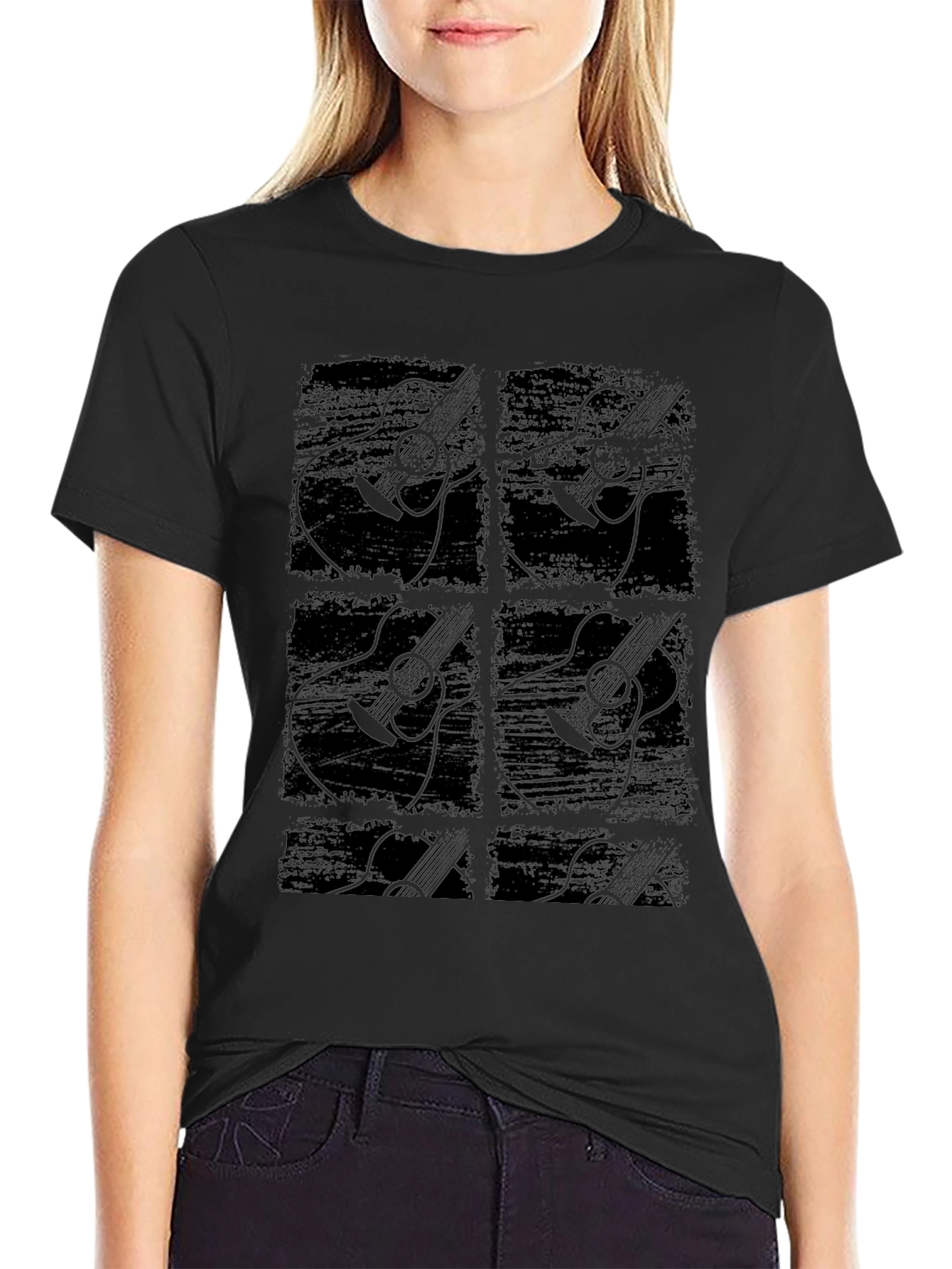 Guitar Graphic Print Black Crew Neck T-Shirt