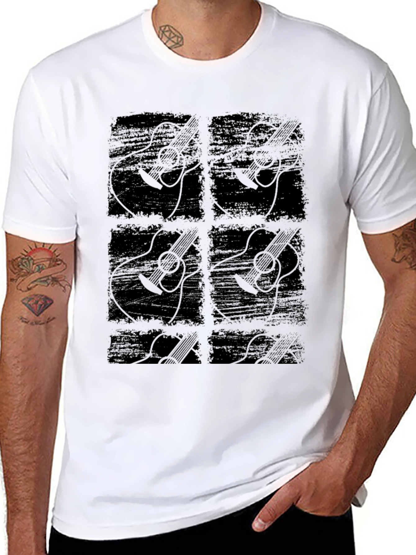 Guitar Graphic Print Black Crew Neck T-Shirt