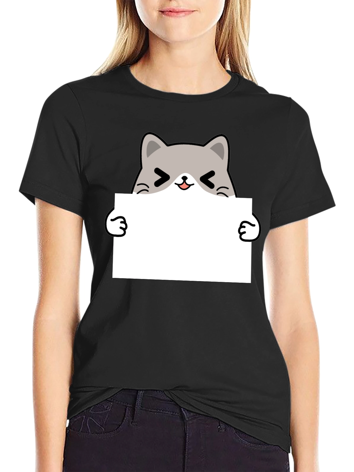 Cute Cat Holding Sign Black T-Shirt