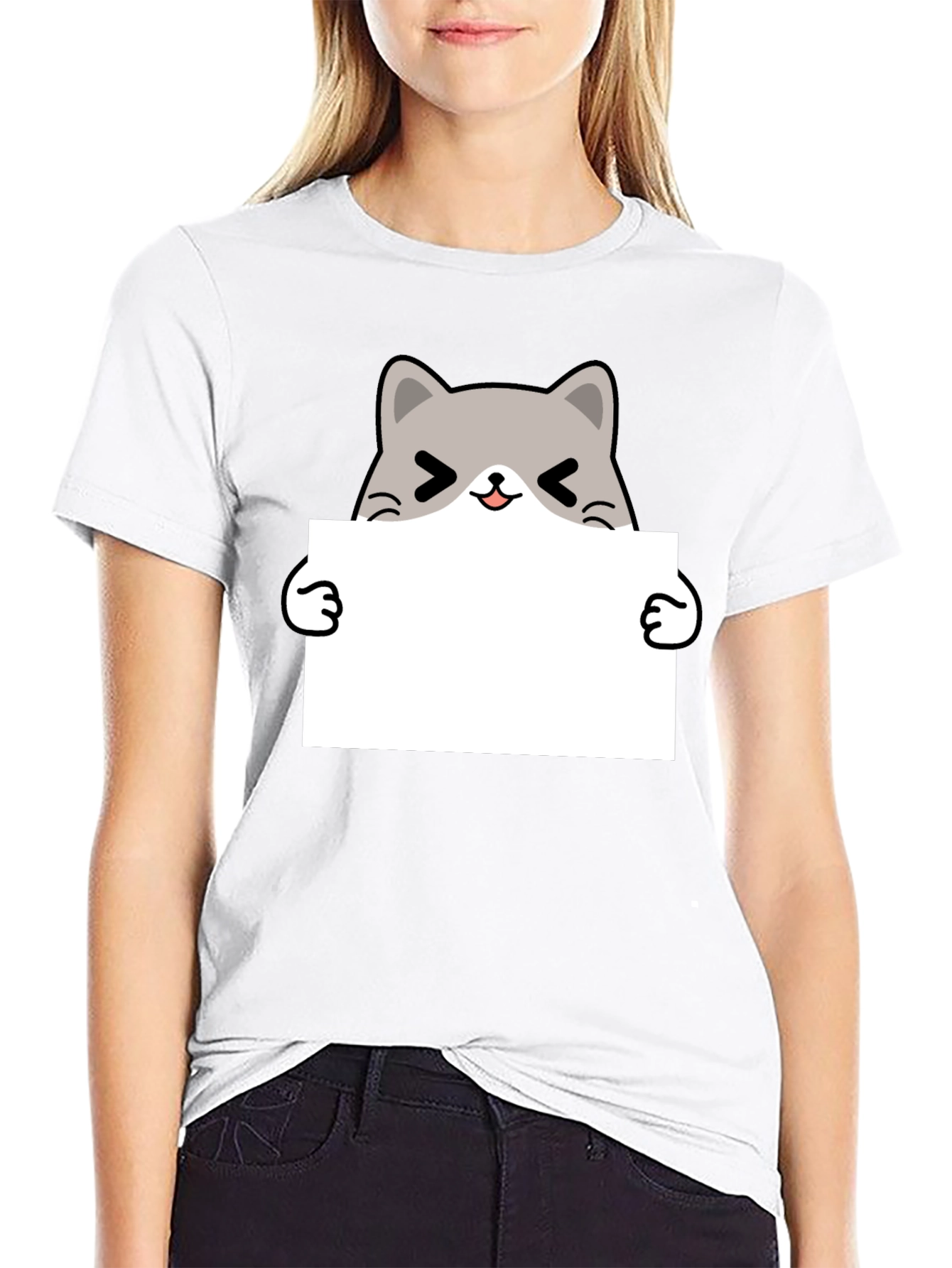 Cute Cat Holding Sign Black T-Shirt