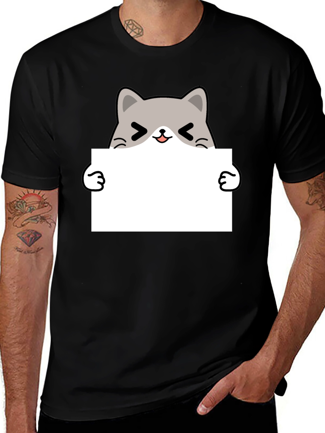 Cute Cat Holding Sign Black T-Shirt