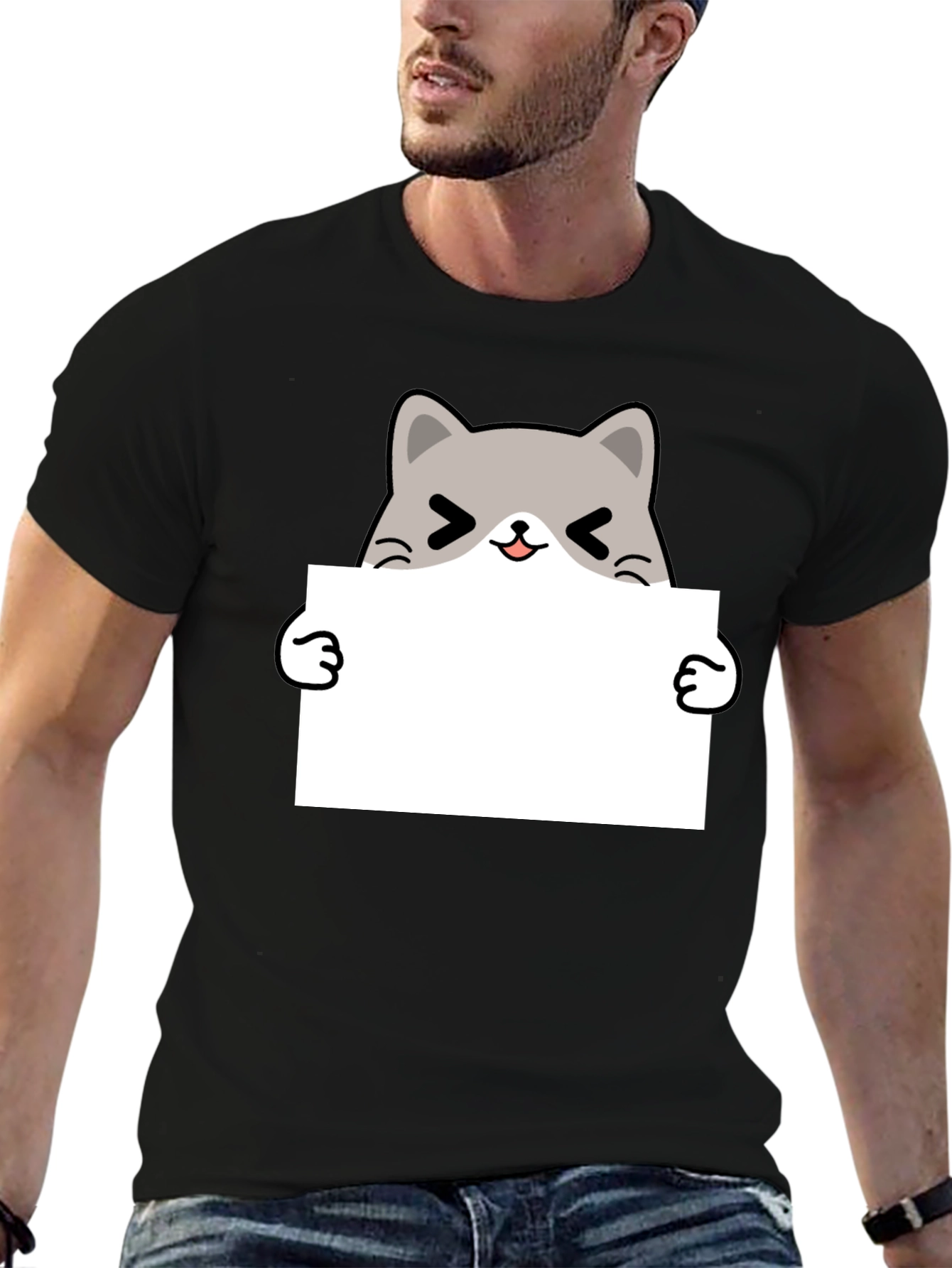 Cute Cat Holding Sign Black T-Shirt