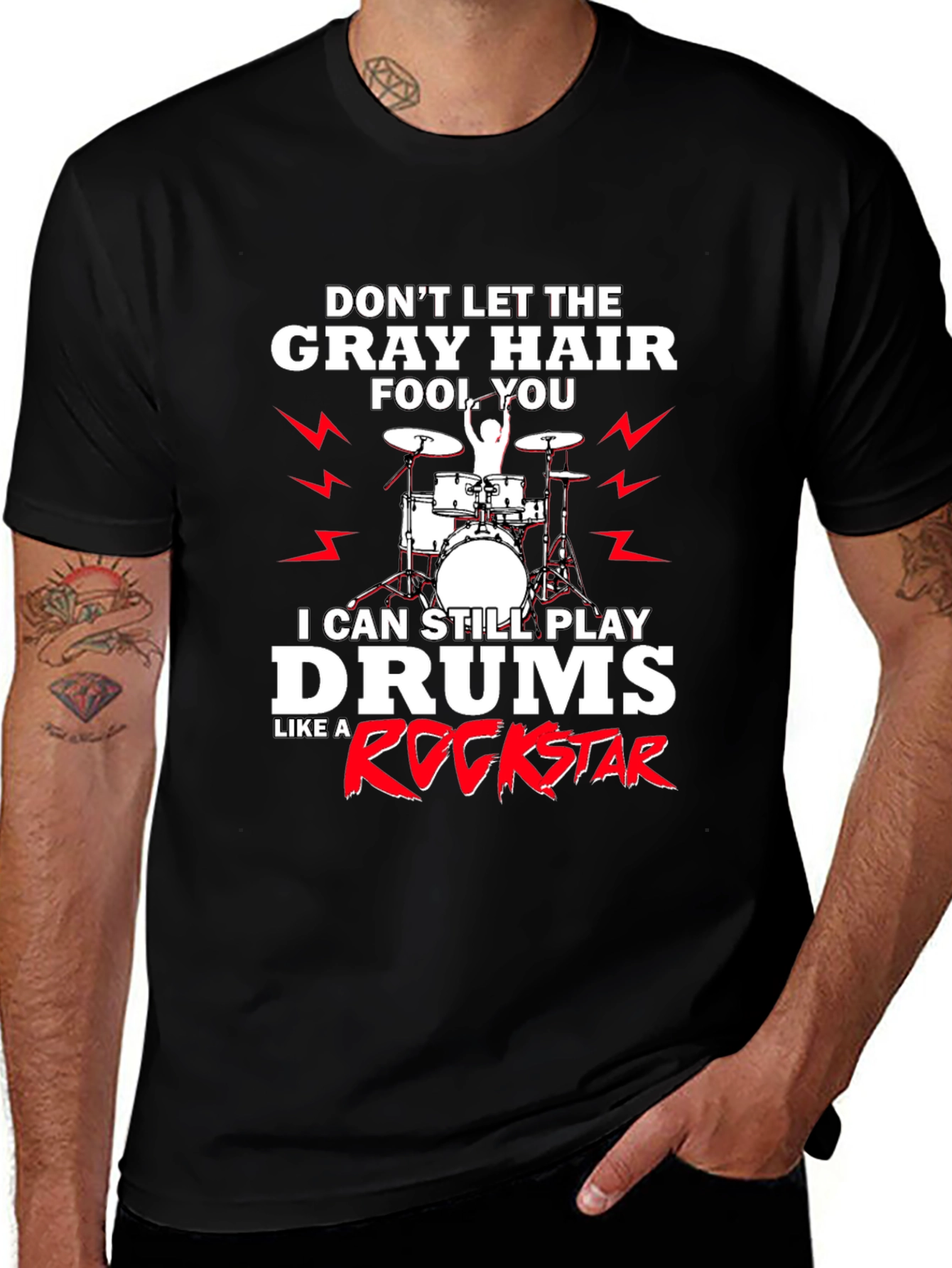 Gray Hair Rockstar Drummer T-Shirt