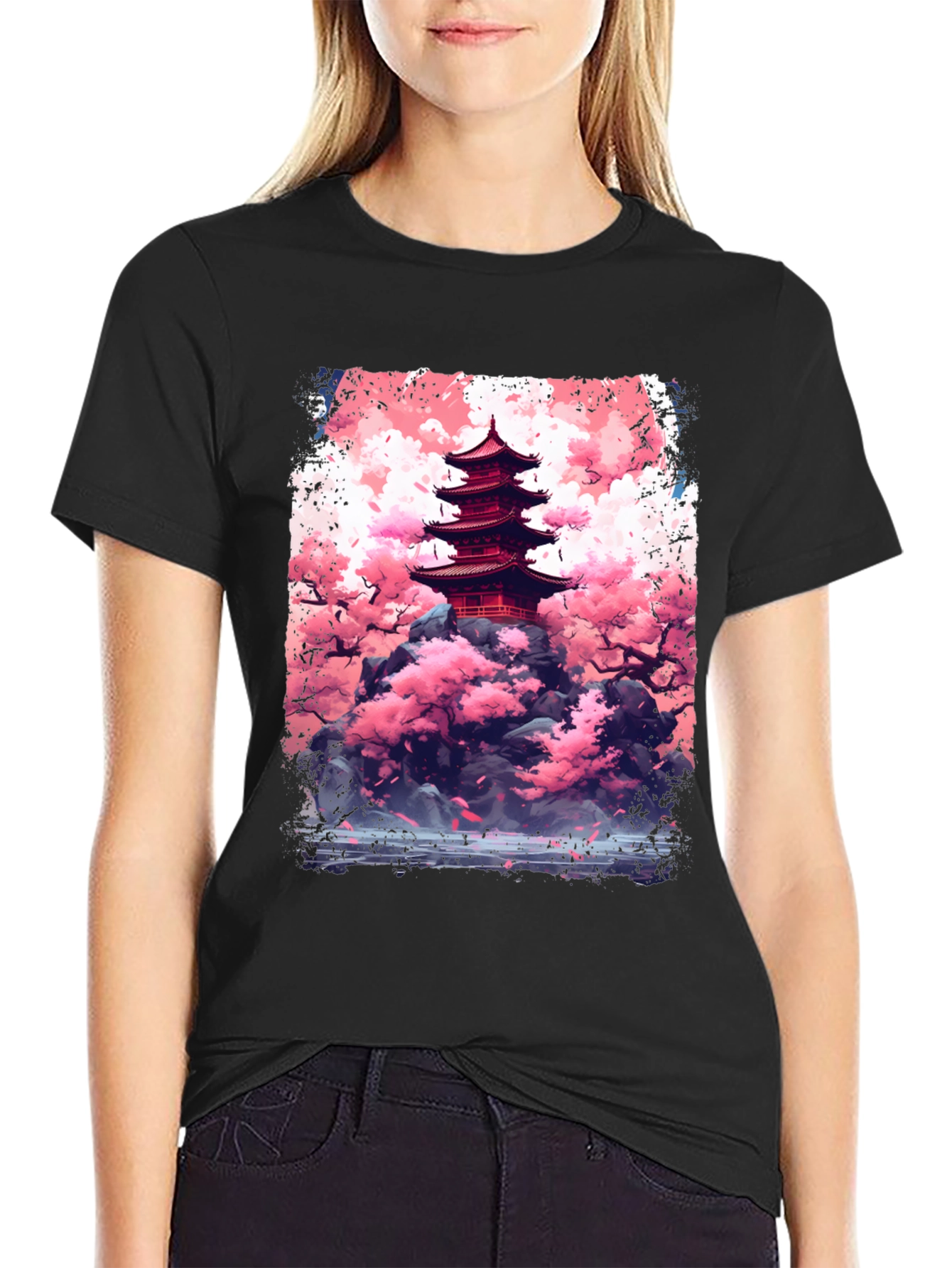 Japanese Pagoda Cherry Blossom Graphic Tee