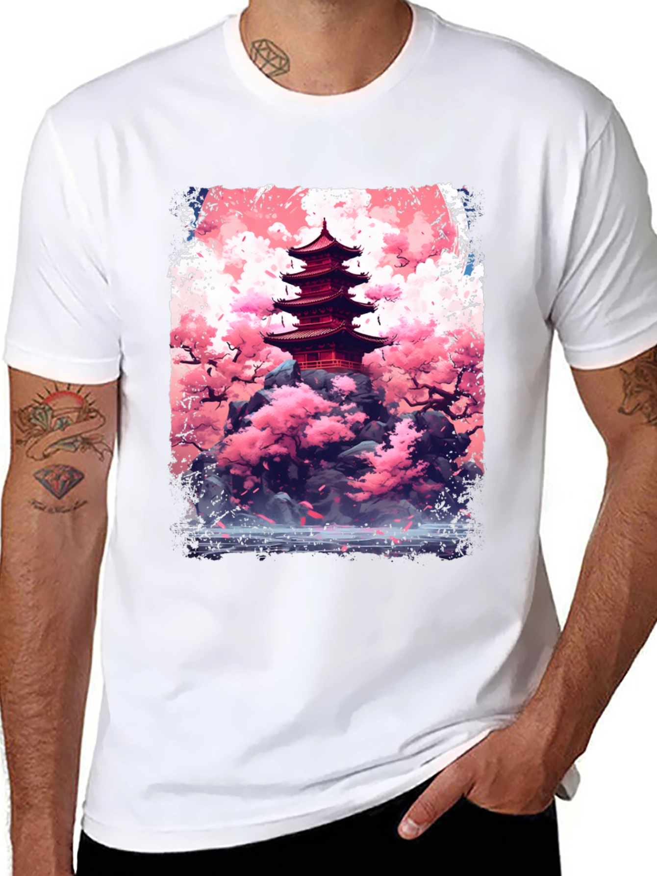 Japanese Pagoda Cherry Blossom Graphic Tee