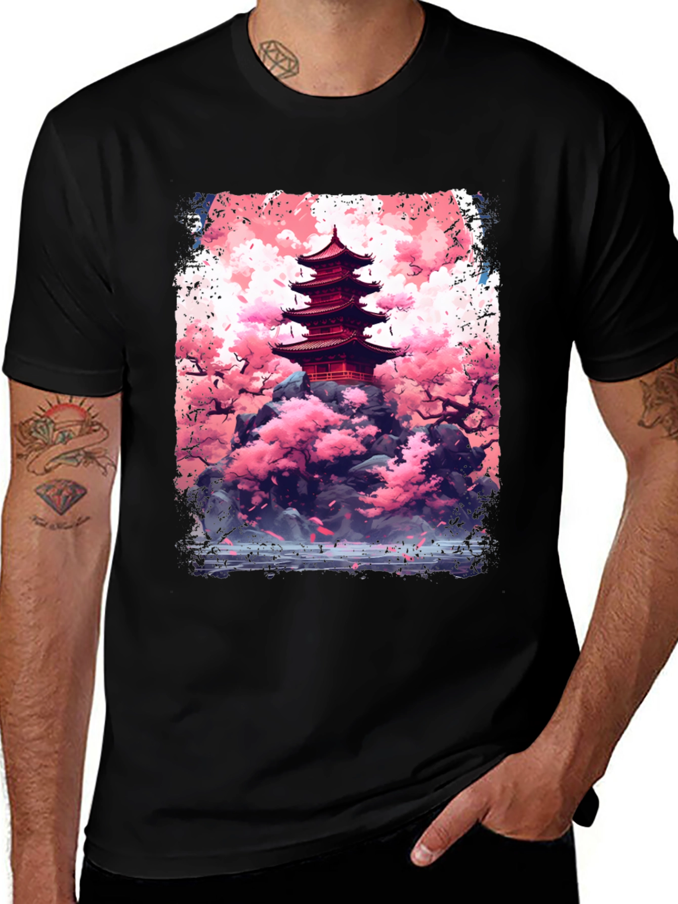 Japanese Pagoda Cherry Blossom Graphic Tee