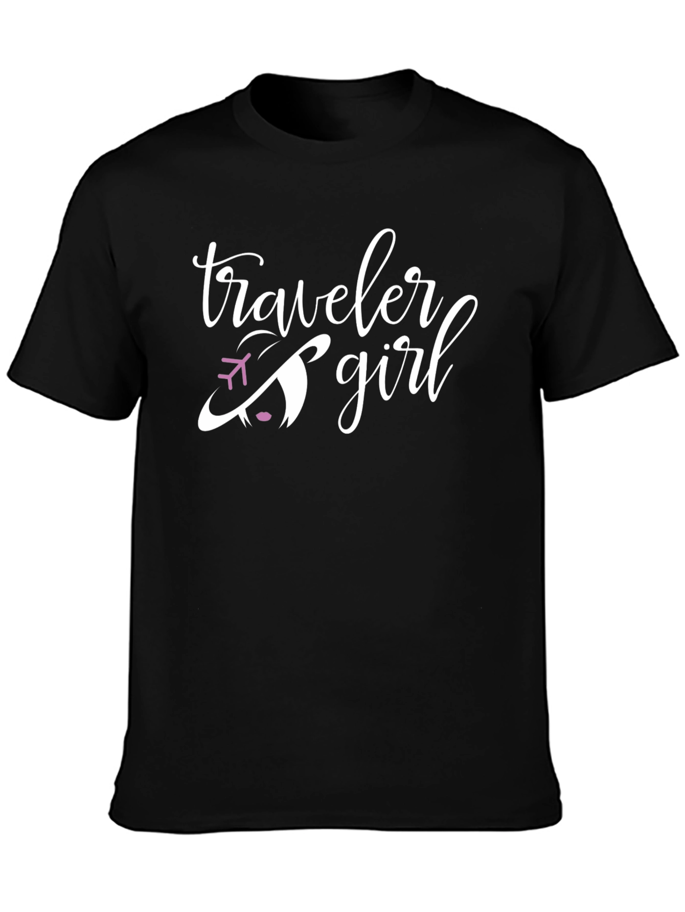 Traveler Girl Black T-Shirt with Airplane Graphic