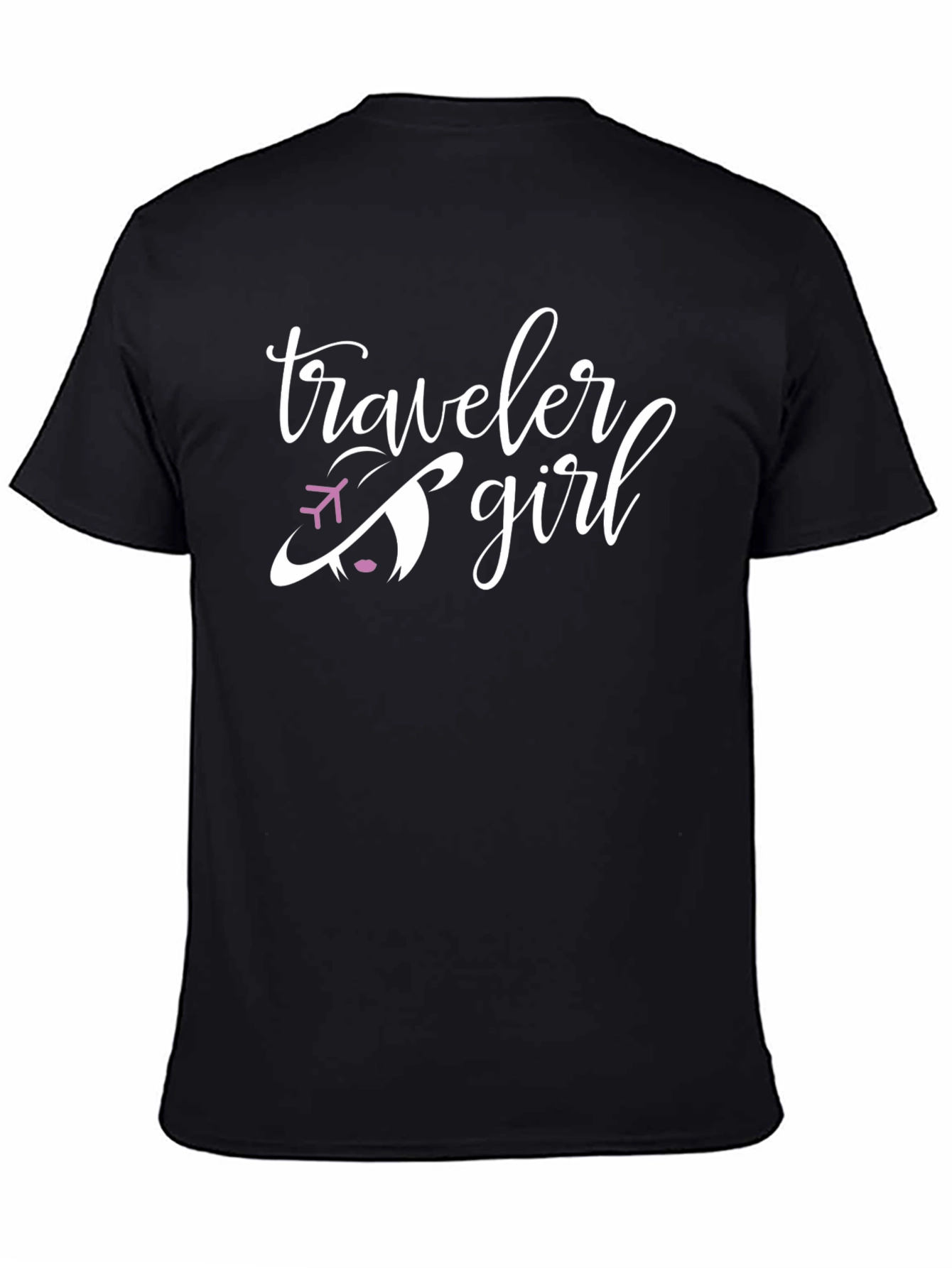 Traveler Girl Black T-Shirt with Airplane Graphic