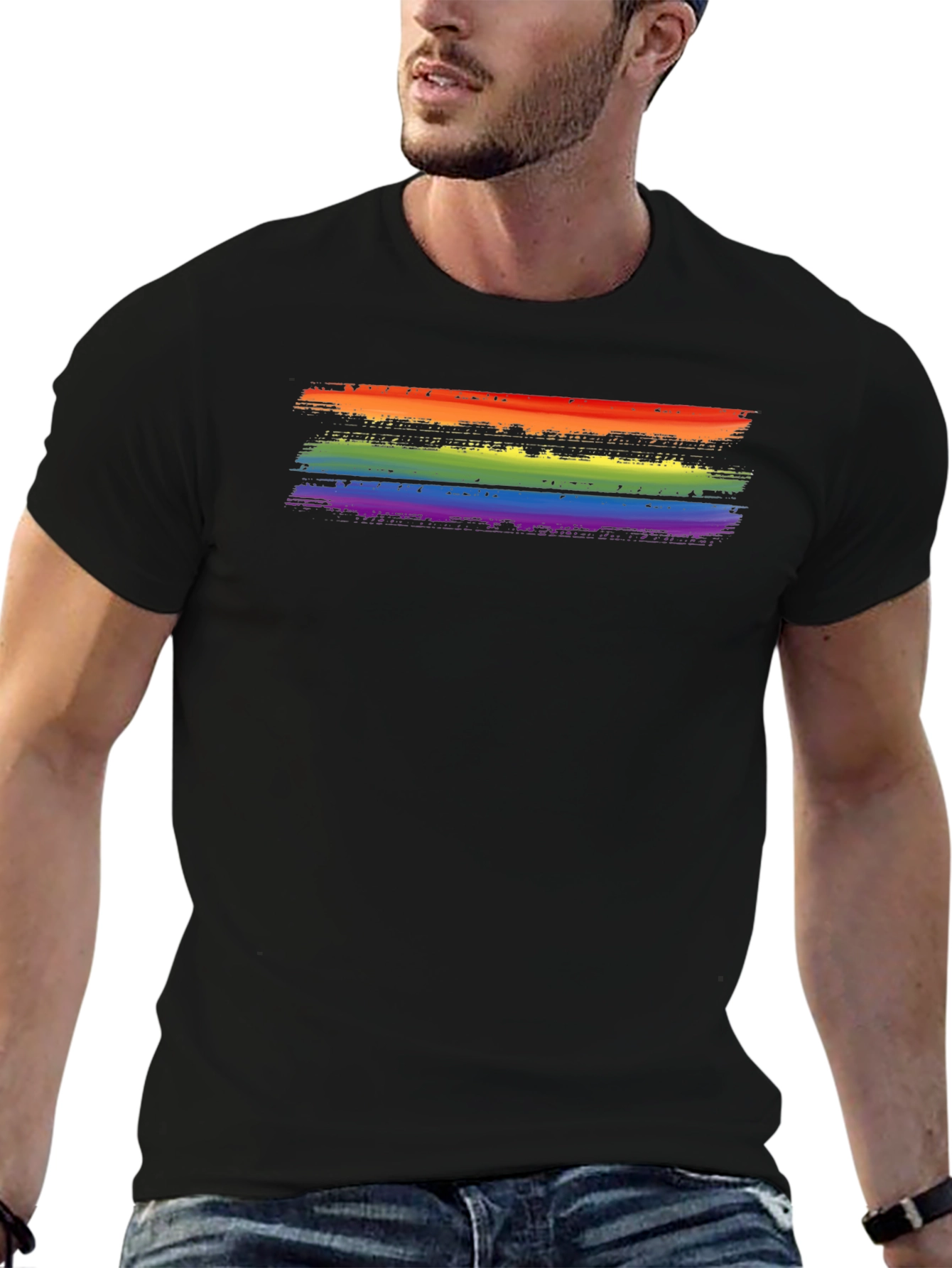 Rainbow Stripe Graphic Black T-Shirt