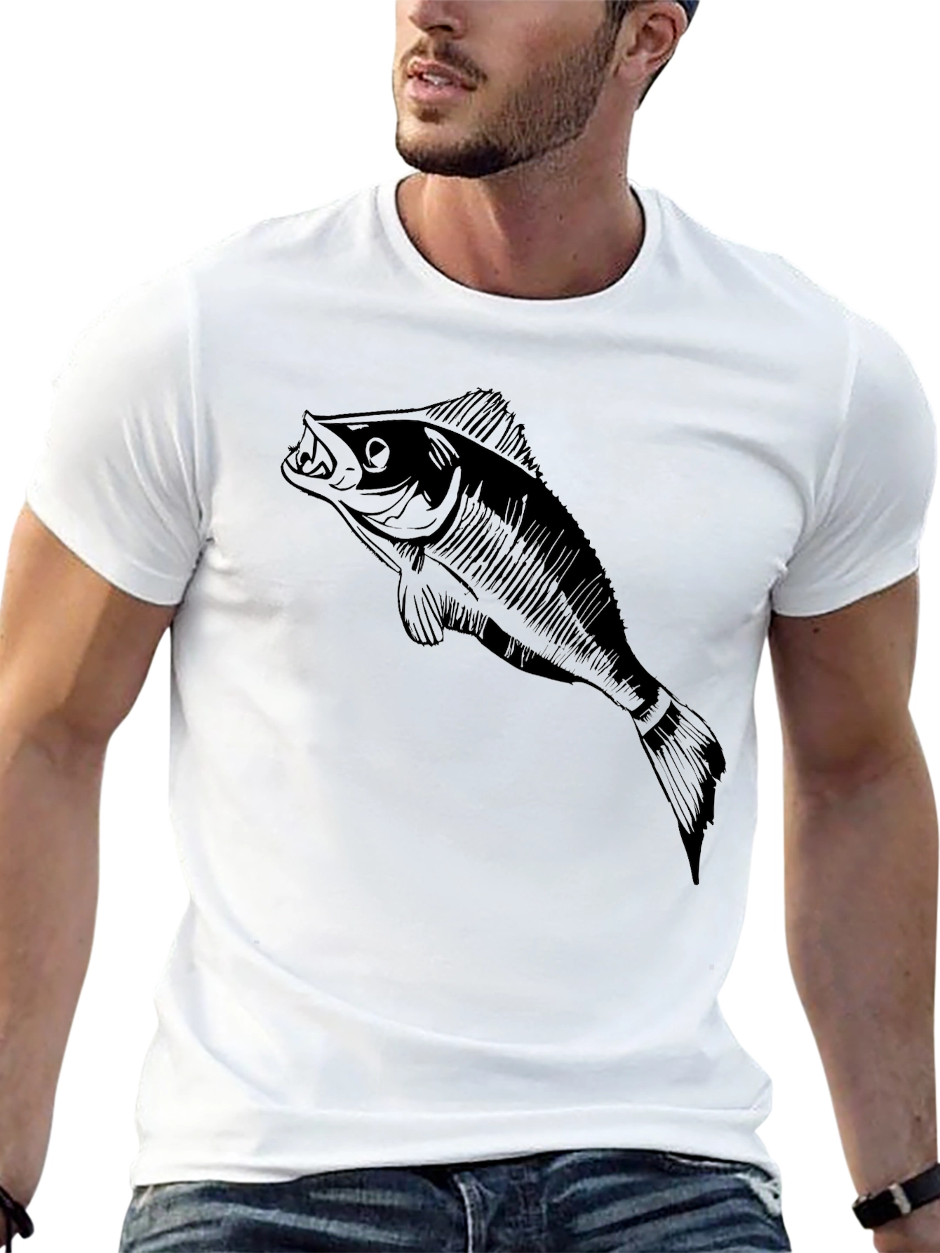 Mens Black T-Shirt with Fish Graphic