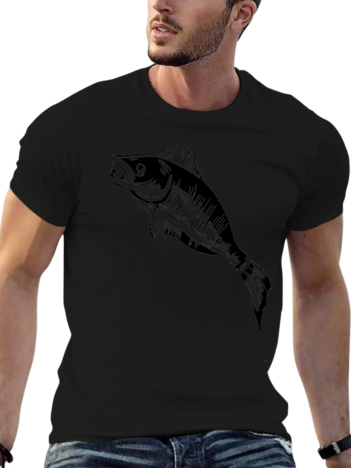 Mens Black T-Shirt with Fish Graphic