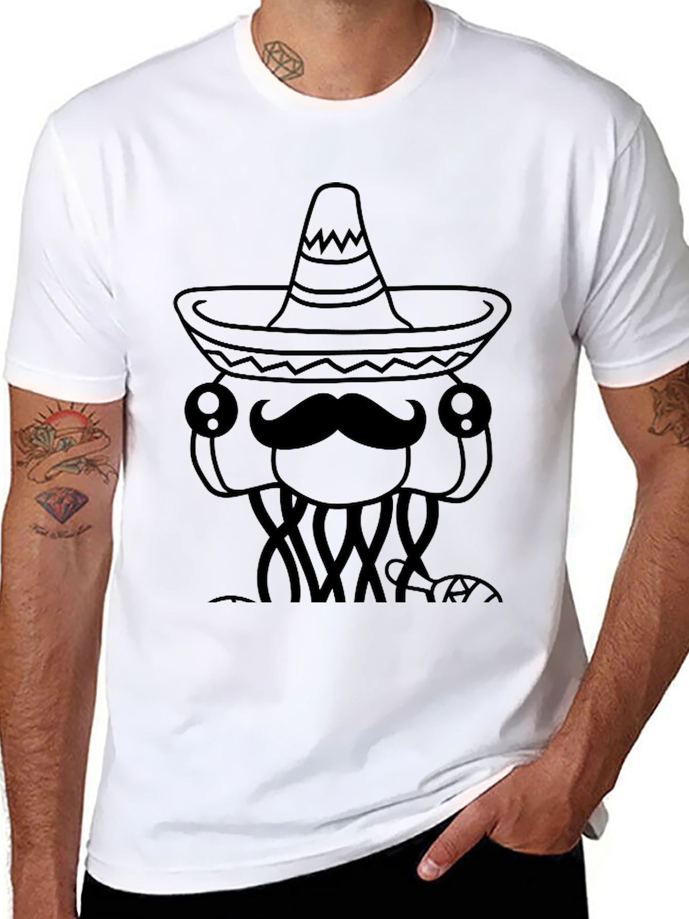 Mens Black T-Shirt with Funny Jellyfish Sombrero Design