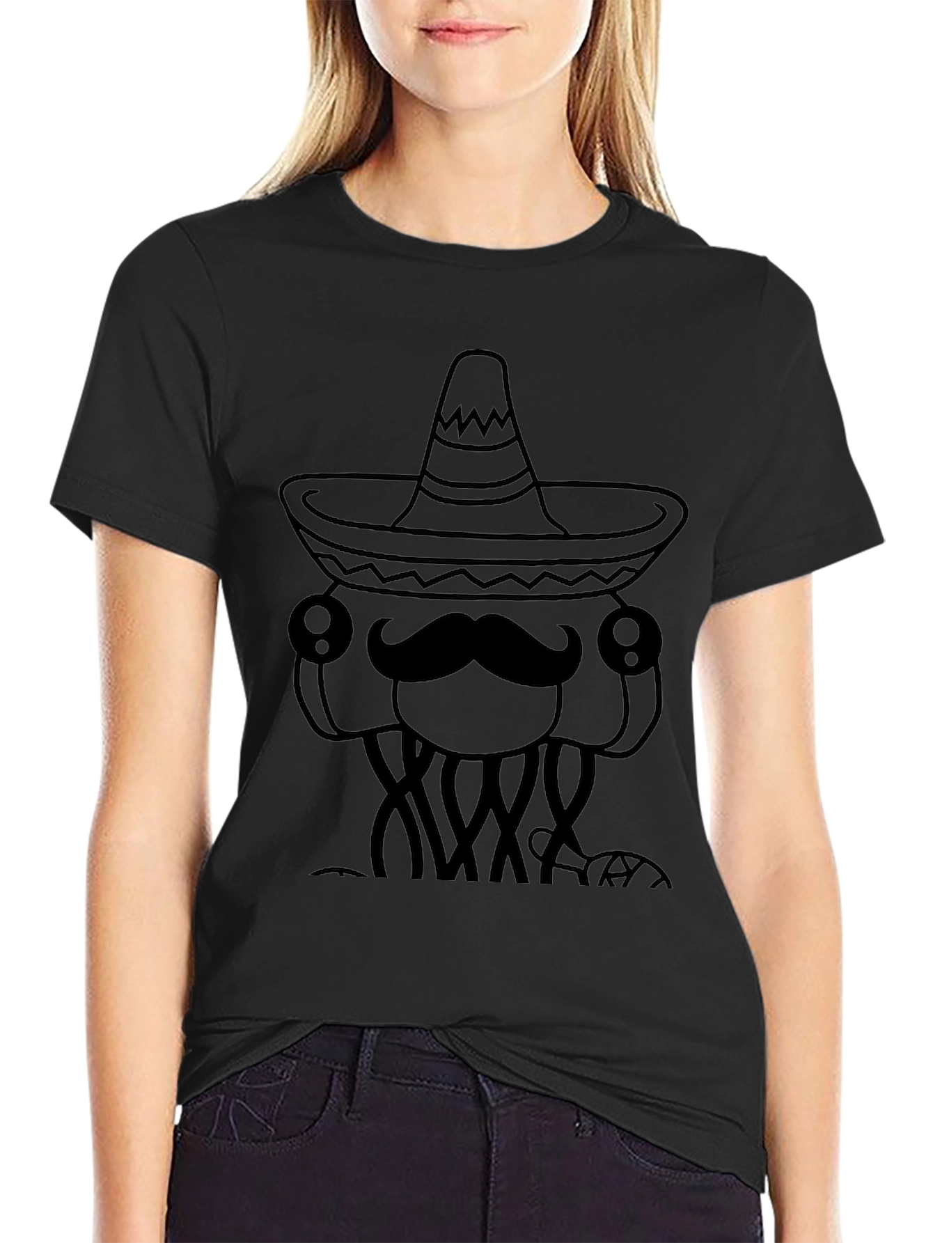 Mens Black T-Shirt with Funny Jellyfish Sombrero Design
