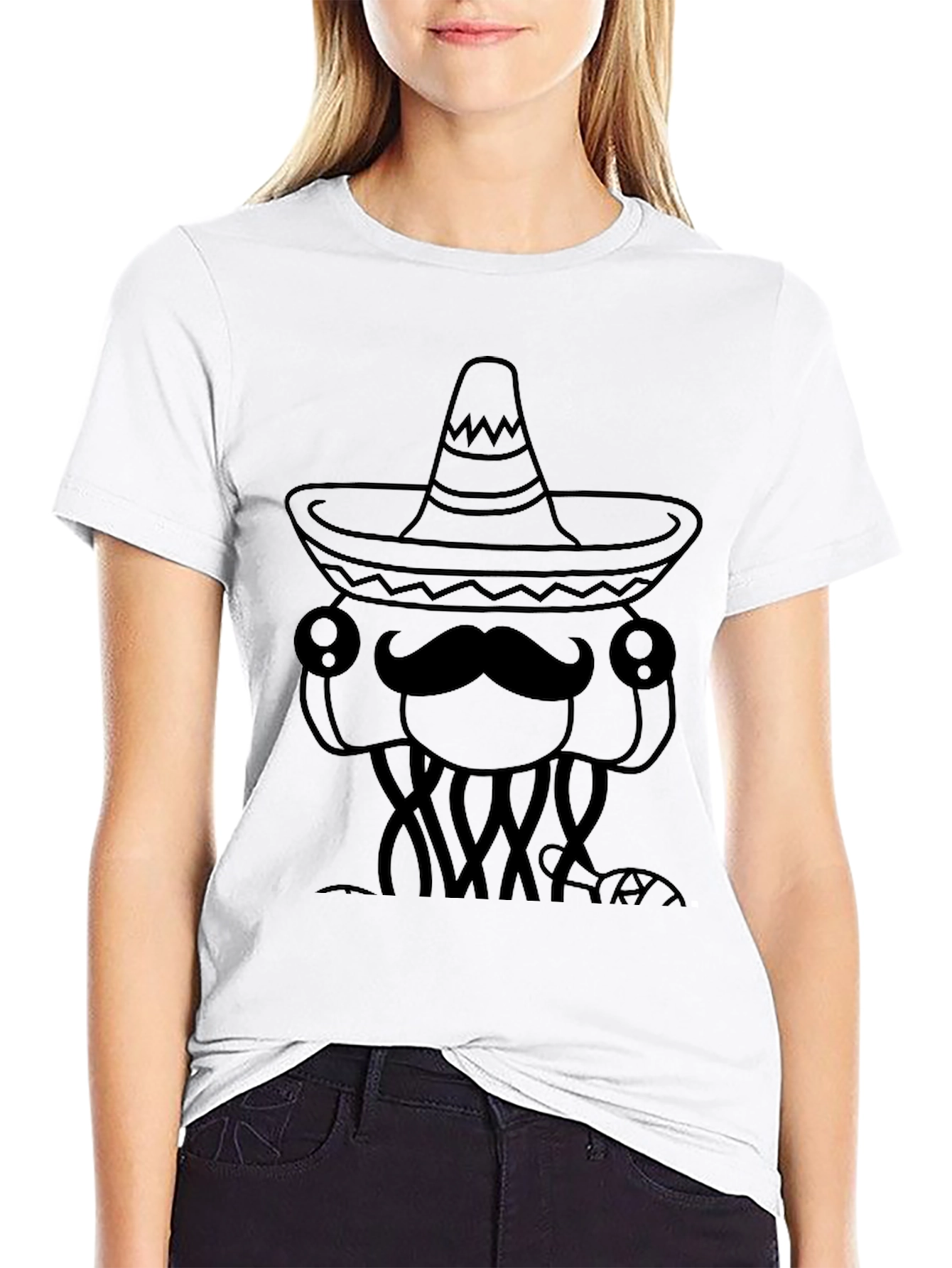 Mens Black T-Shirt with Funny Jellyfish Sombrero Design
