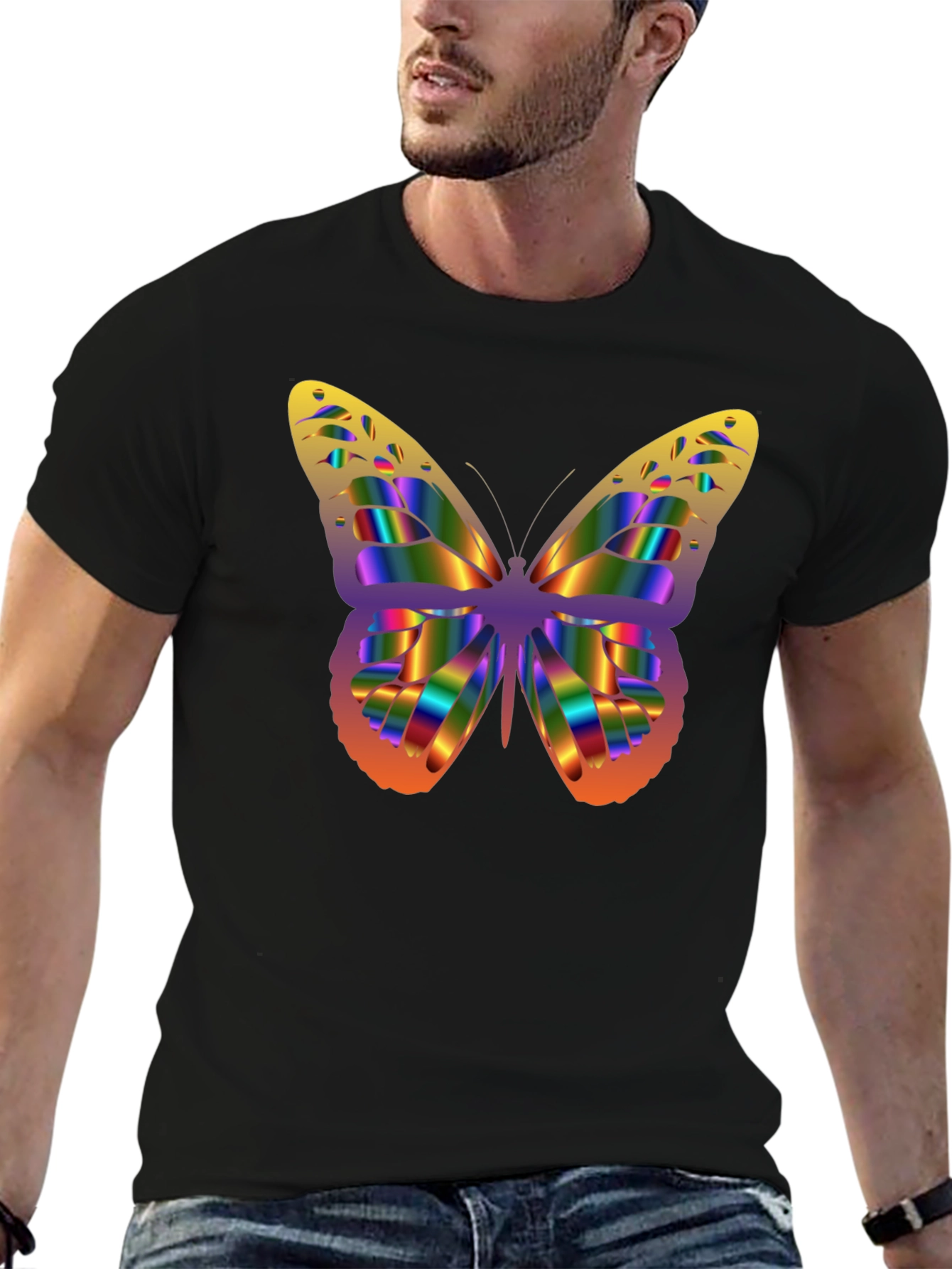 Rainbow Butterfly Graphic Tee - Black Cotton Blend