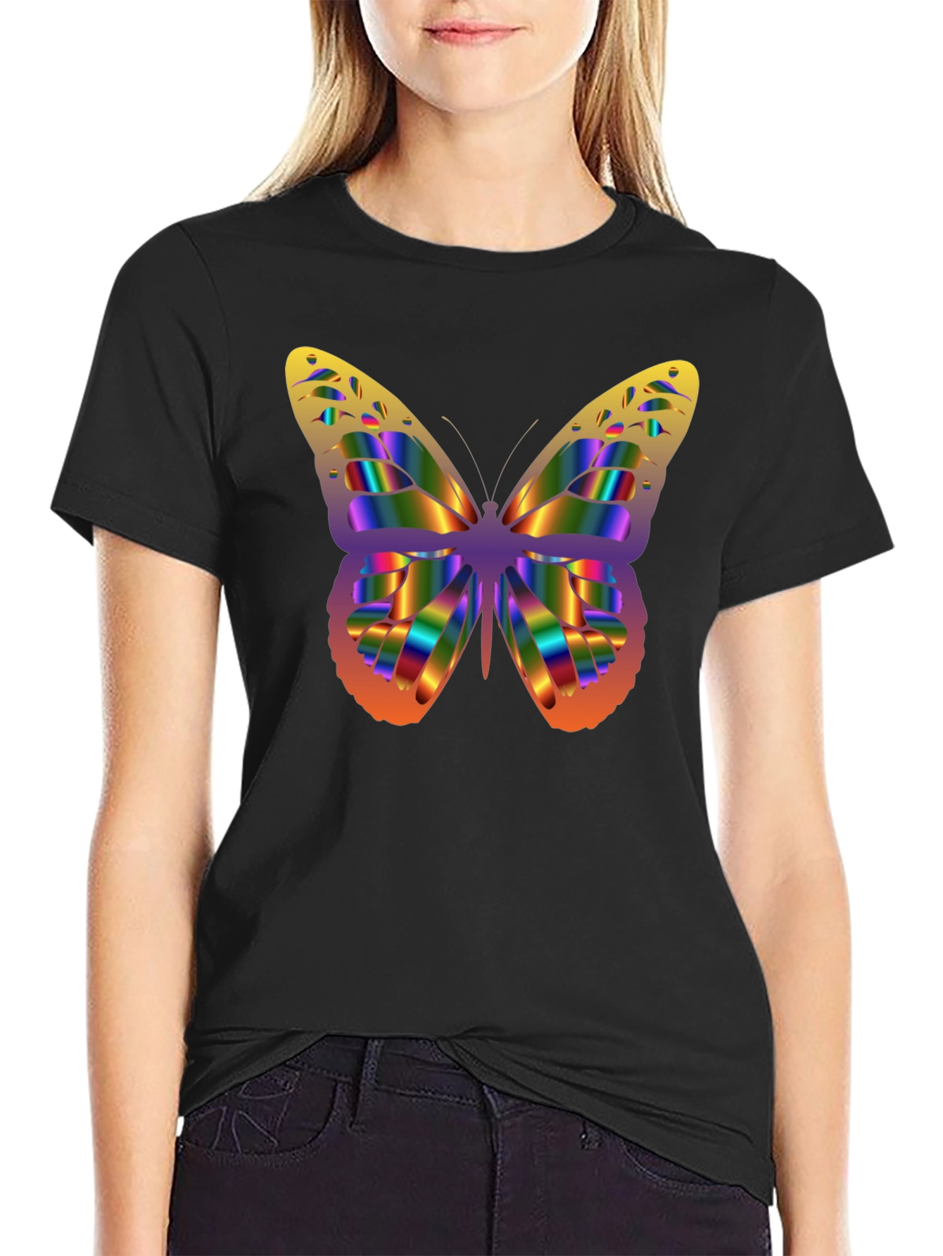 Rainbow Butterfly Graphic Tee - Black Cotton Blend