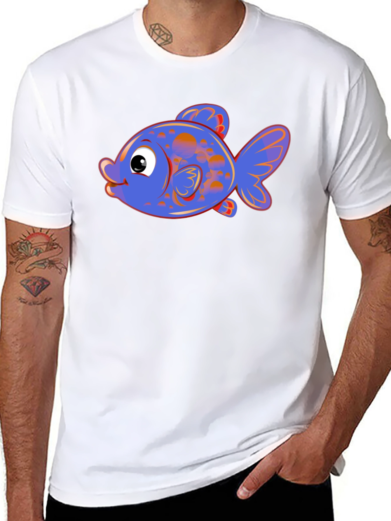 Cartoon Fish Graphic Tee - Black Cotton Blend
