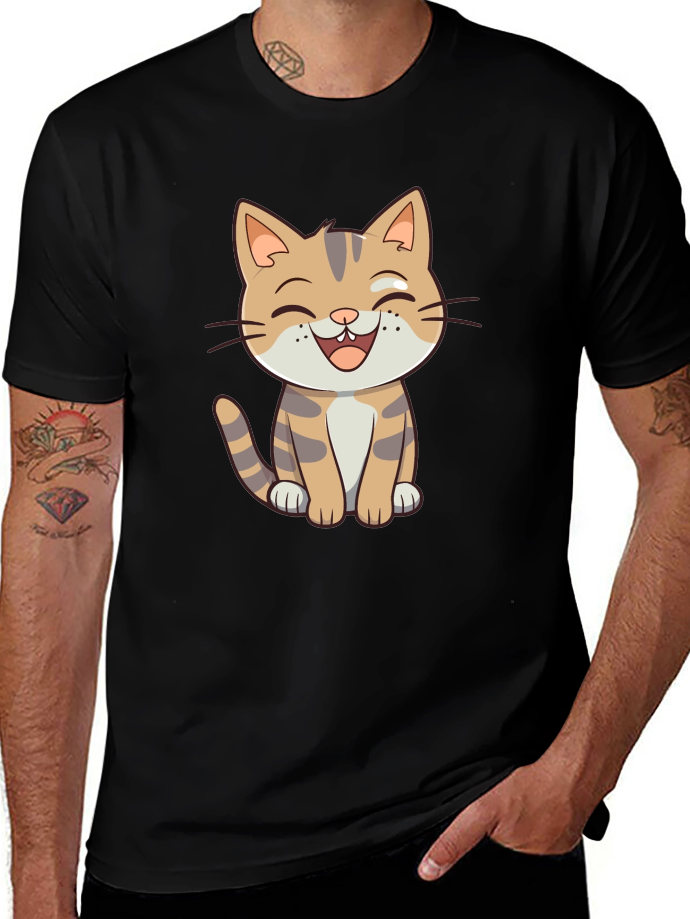 Cartoon Cat Graphic Black T-Shirt