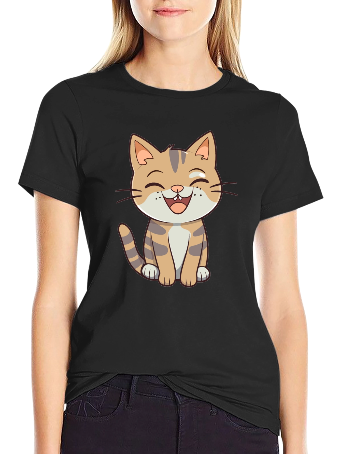 Cartoon Cat Graphic Black T-Shirt