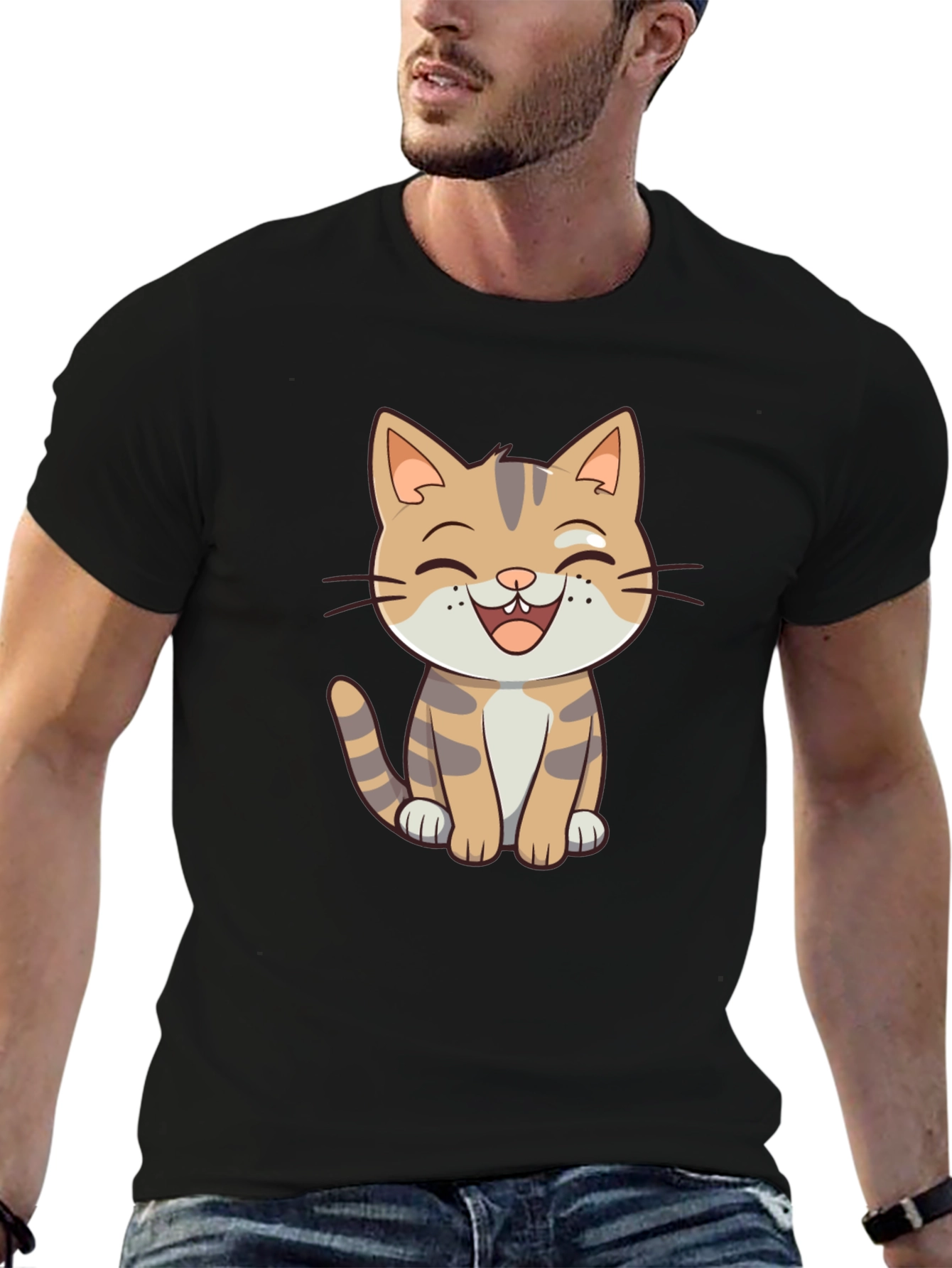 Cartoon Cat Graphic Black T-Shirt