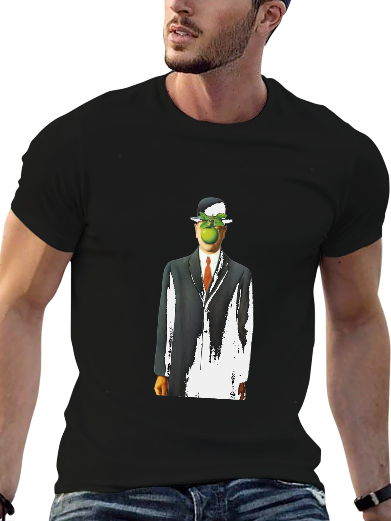 Surreal Apple Man Graphic Tee - Stylish Black T-Shirt