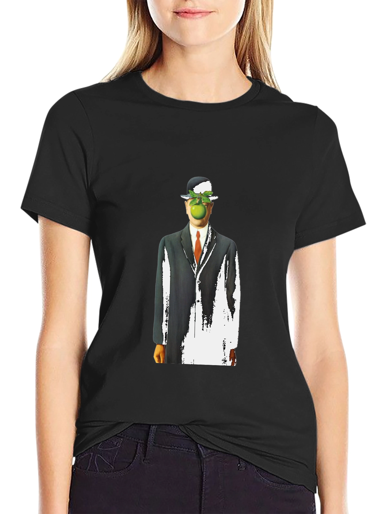 Surreal Apple Man Graphic Tee - Stylish Black T-Shirt