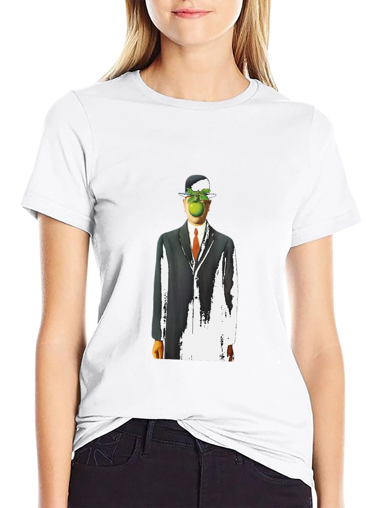 Surreal Apple Man Graphic Tee - Stylish Black T-Shirt