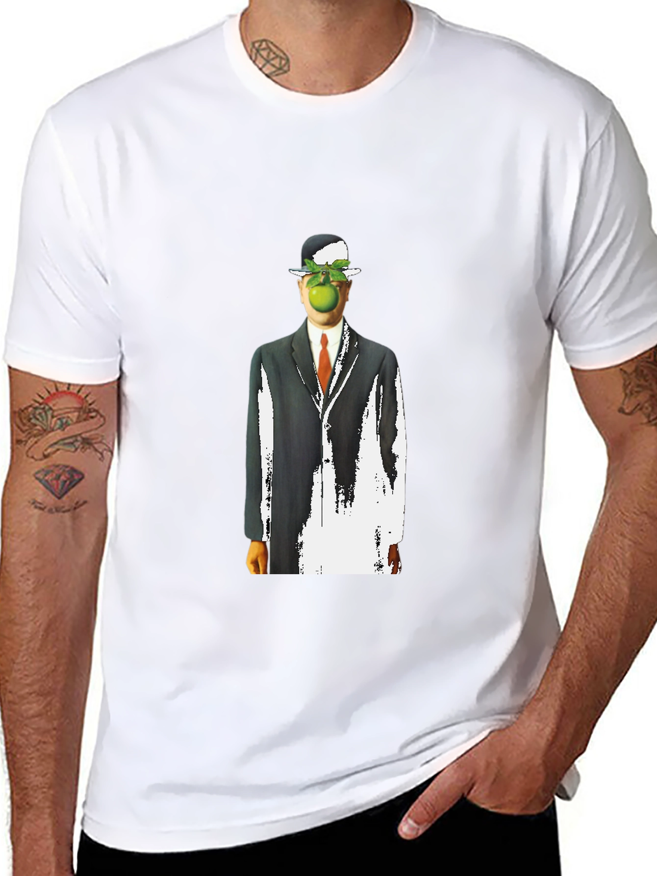 Surreal Apple Man Graphic Tee - Stylish Black T-Shirt