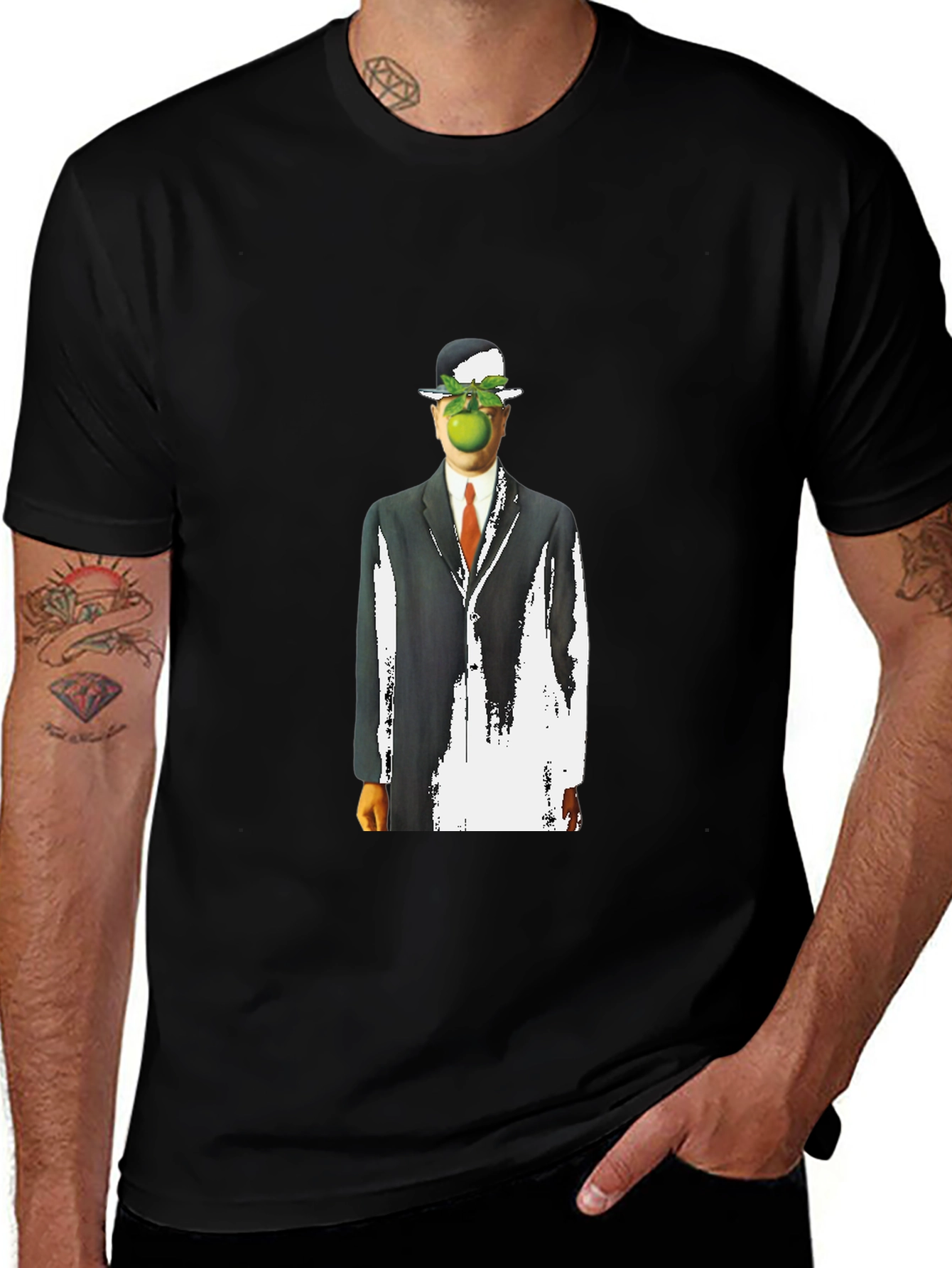Surreal Apple Man Graphic Tee - Stylish Black T-Shirt