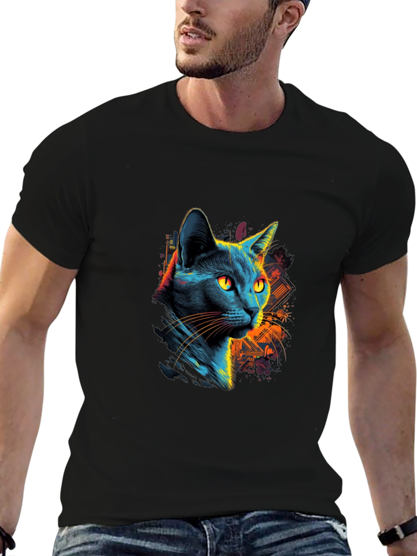 Neon Cat Graphic Black T-Shirt