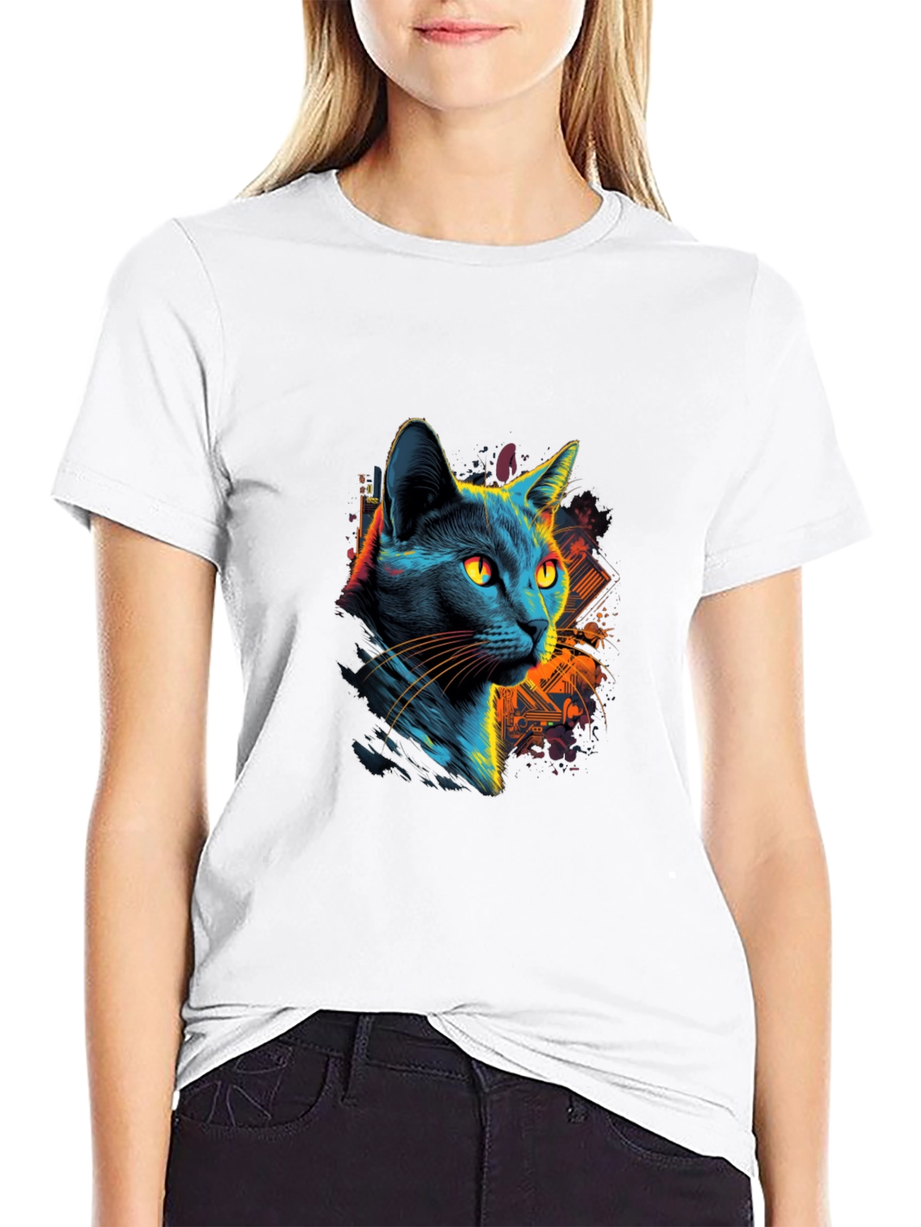 Neon Cat Graphic Black T-Shirt