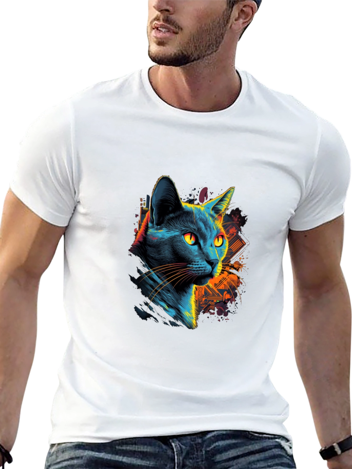 Neon Cat Graphic Black T-Shirt