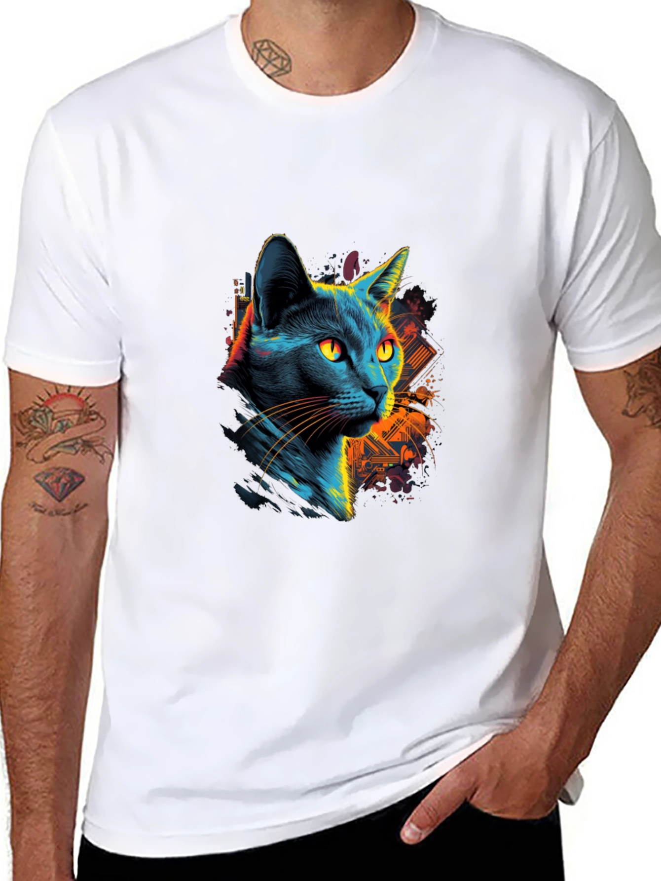 Neon Cat Graphic Black T-Shirt