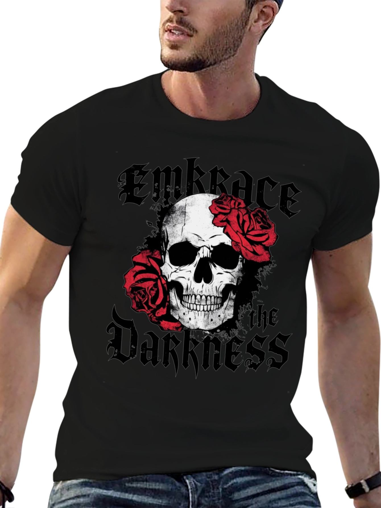 Embrace the Darkness Skull & Roses Graphic T-Shirt