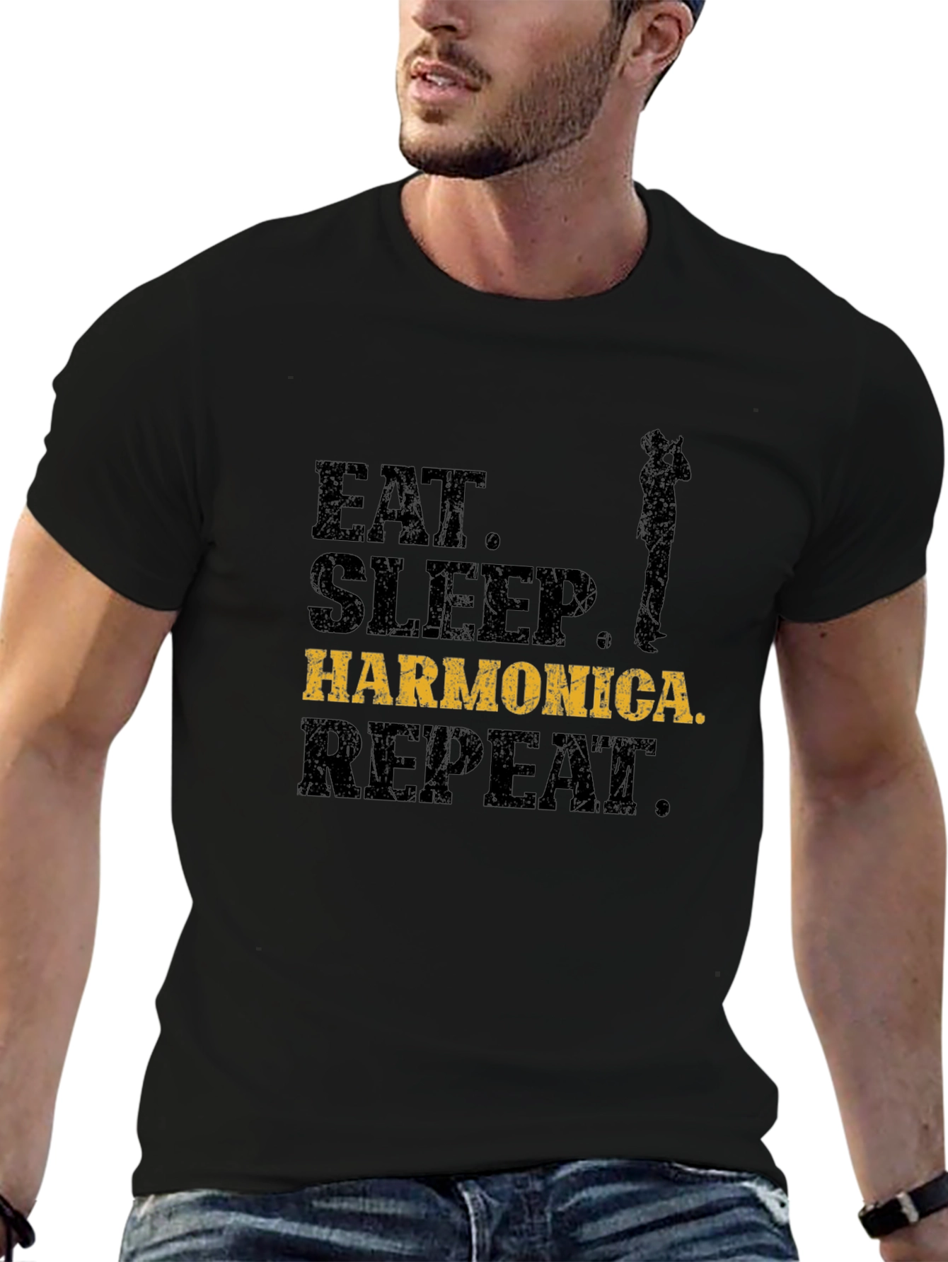 Eat Sleep Harmonica Repeat Black T-Shirt