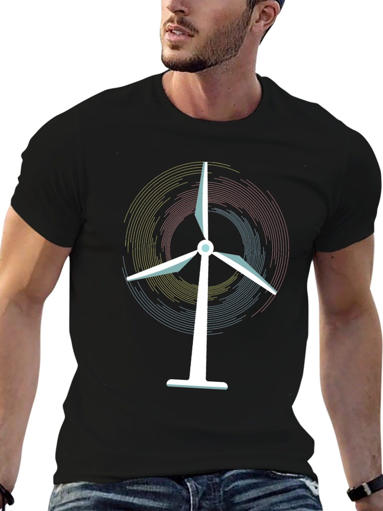 Eco-Friendly Wind Turbine Graphic Black T-Shirt