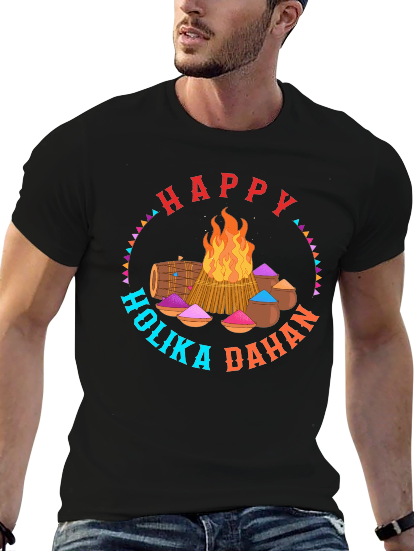 Happy Holika Dahan Graphic Tee - Festive Bonfire Design