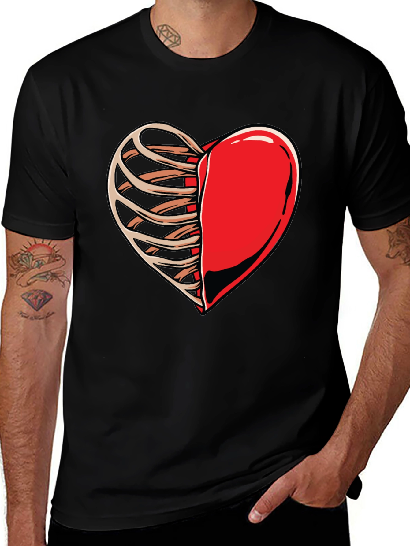 Half Heart Rib Cage Graphic Tee - Black