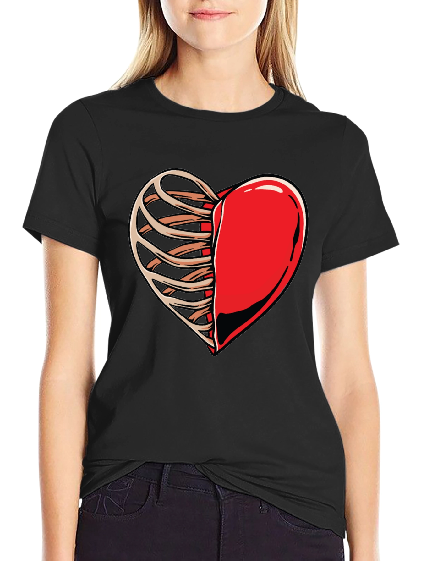 Half Heart Rib Cage Graphic Tee - Black