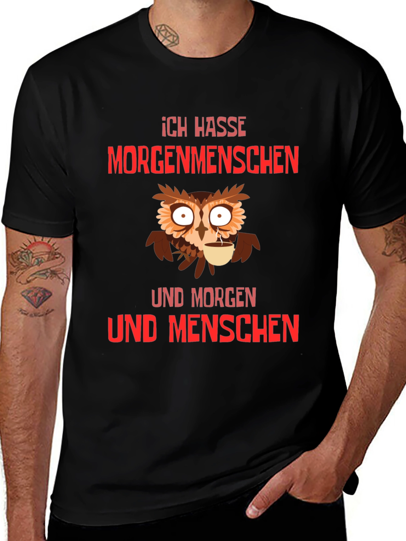 Ich Hasse Morgenmenschen T-Shirt Owl Coffee