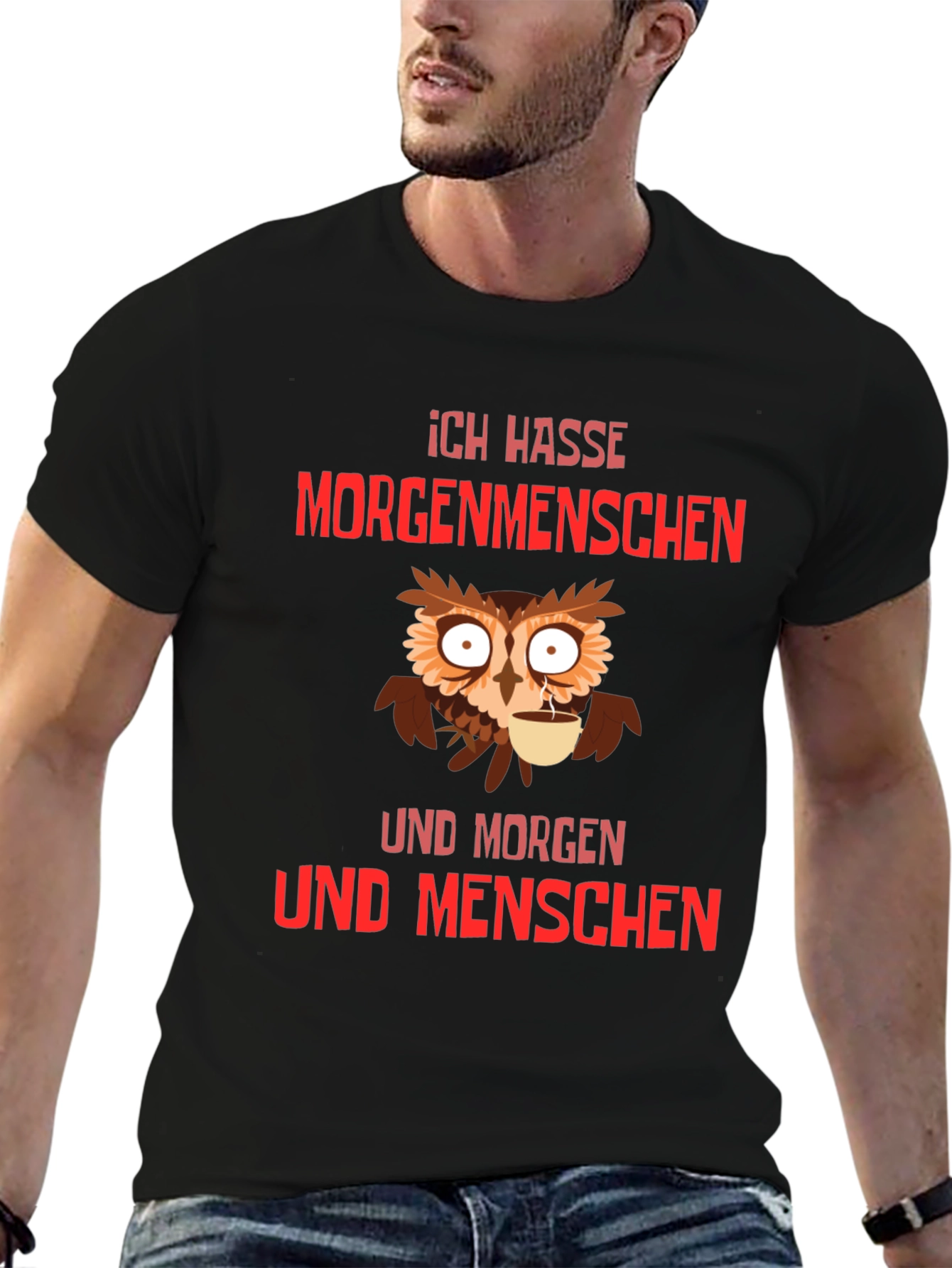 Ich Hasse Morgenmenschen T-Shirt Owl Coffee