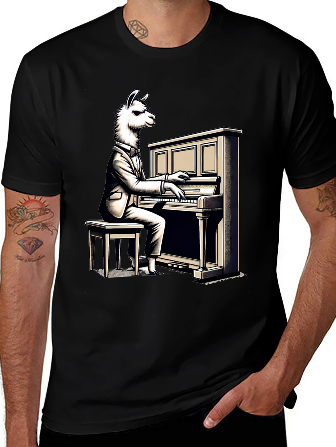 Llama Pianist Graphic Tee - Unique Animal Art Shirt
