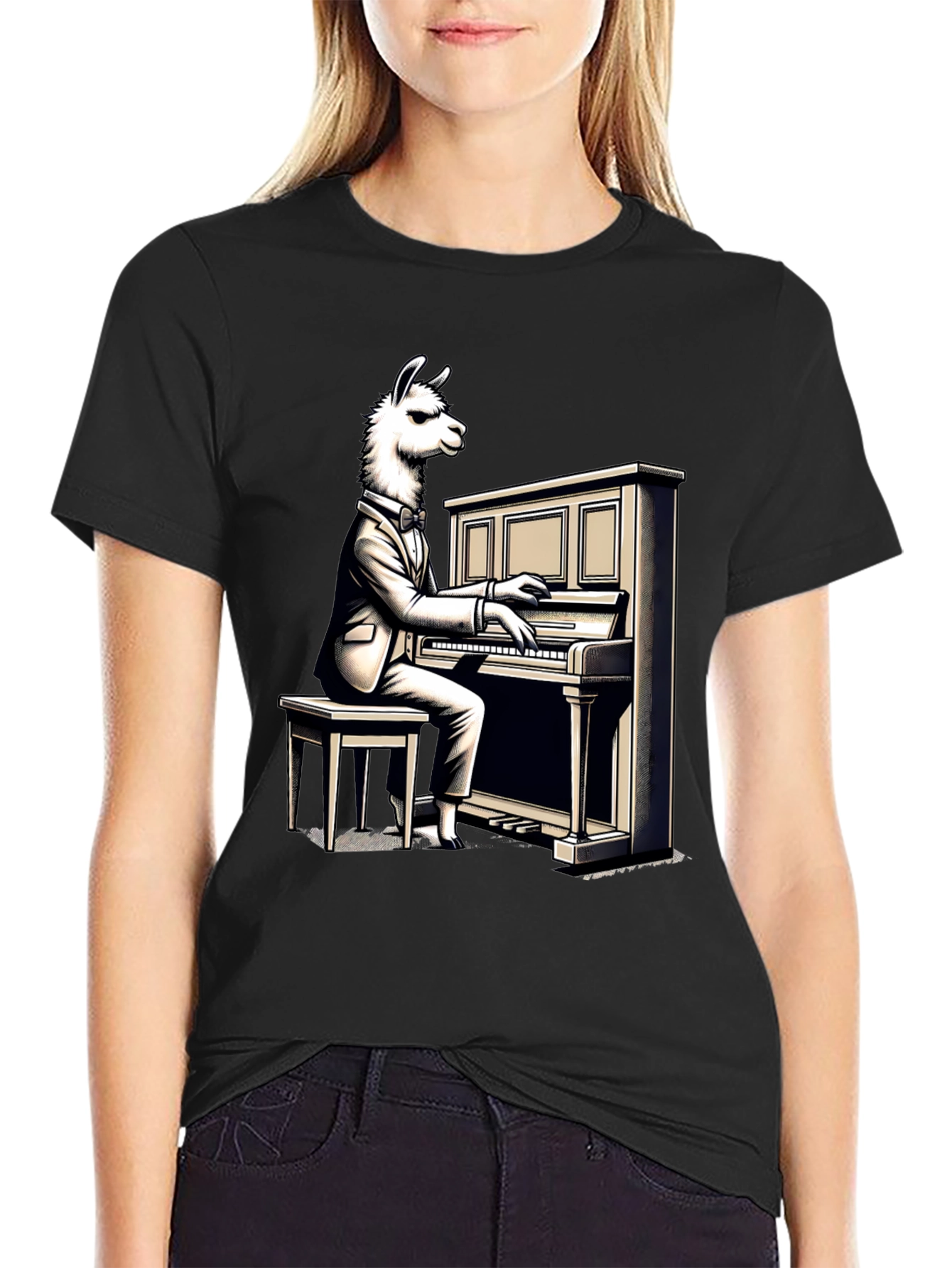 Llama Pianist Graphic Tee - Unique Animal Art Shirt